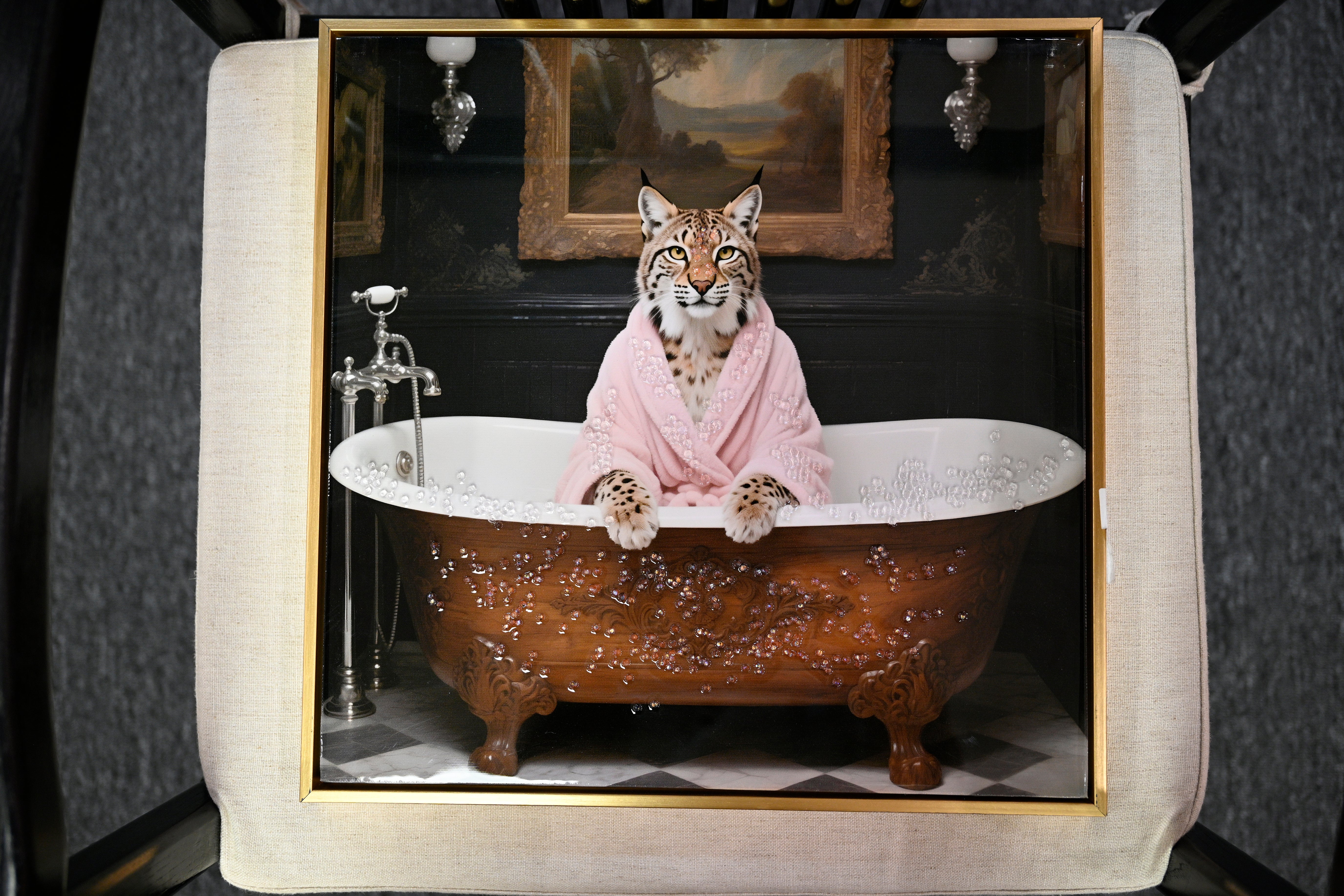 Tiger in Bathtub Wall Art Print Poster, Wood Frame