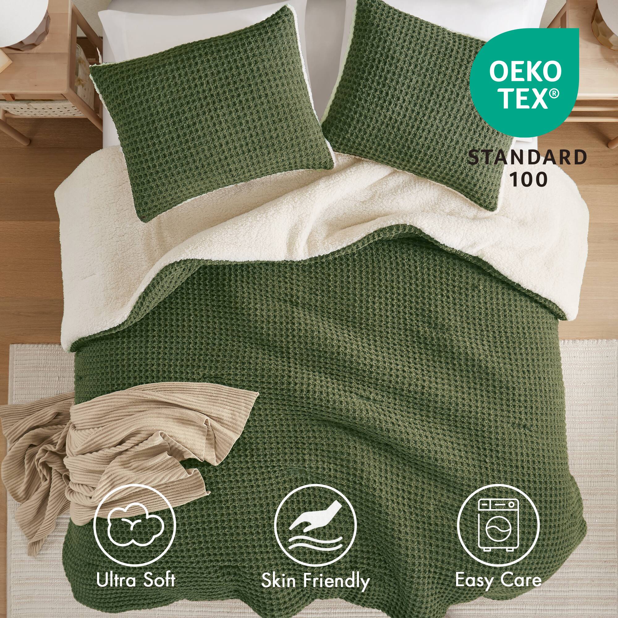 2 Piece Olive Waffle Knit Chenille Comforter Set