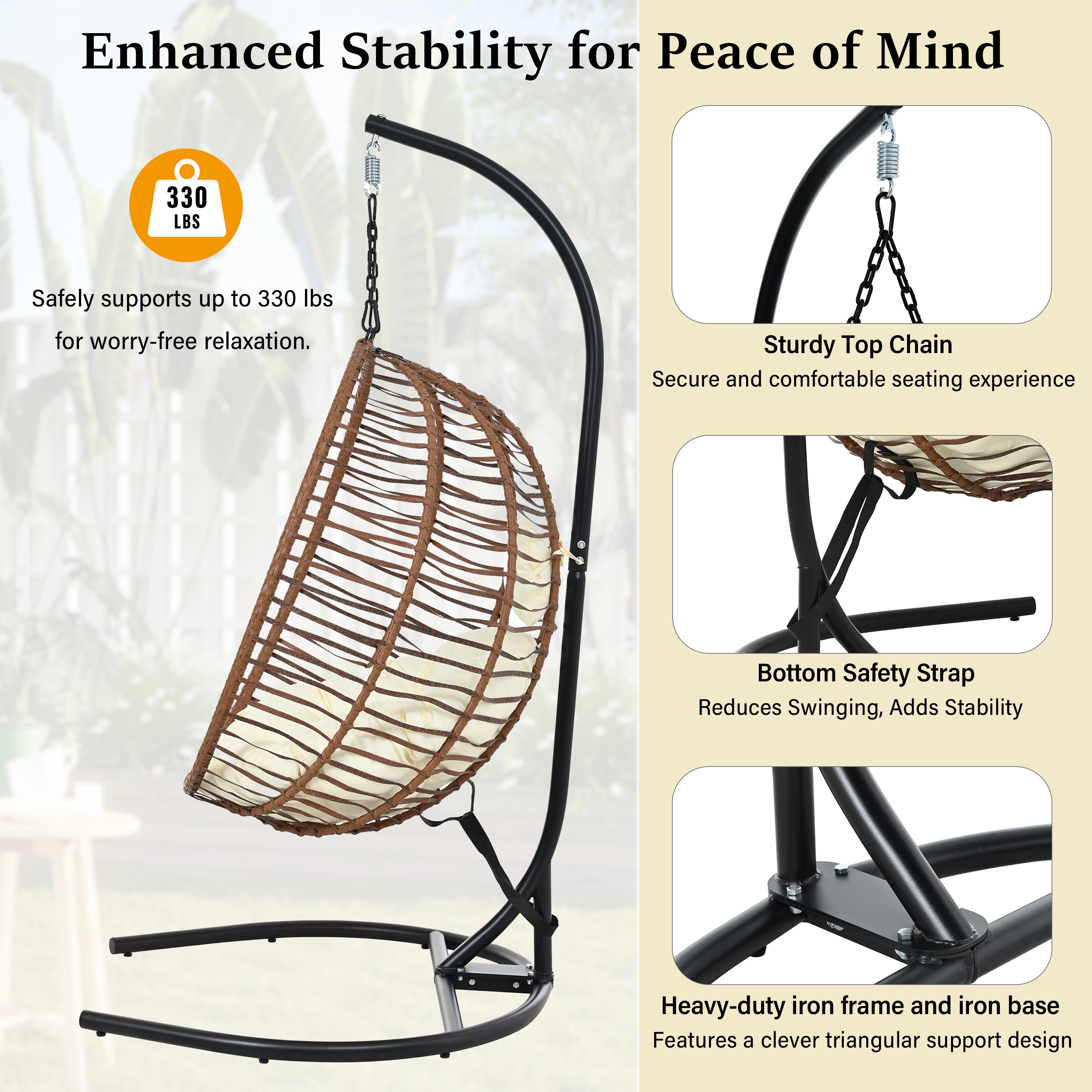Folding Hanging Swinging Egg Chair with Stand & Tufted Cushion