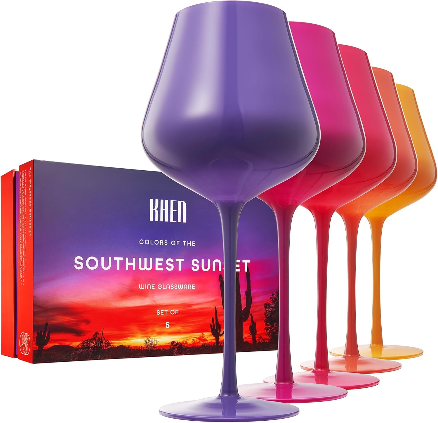 Southwest Sun Large Colored Wine Glasses, Set of 5