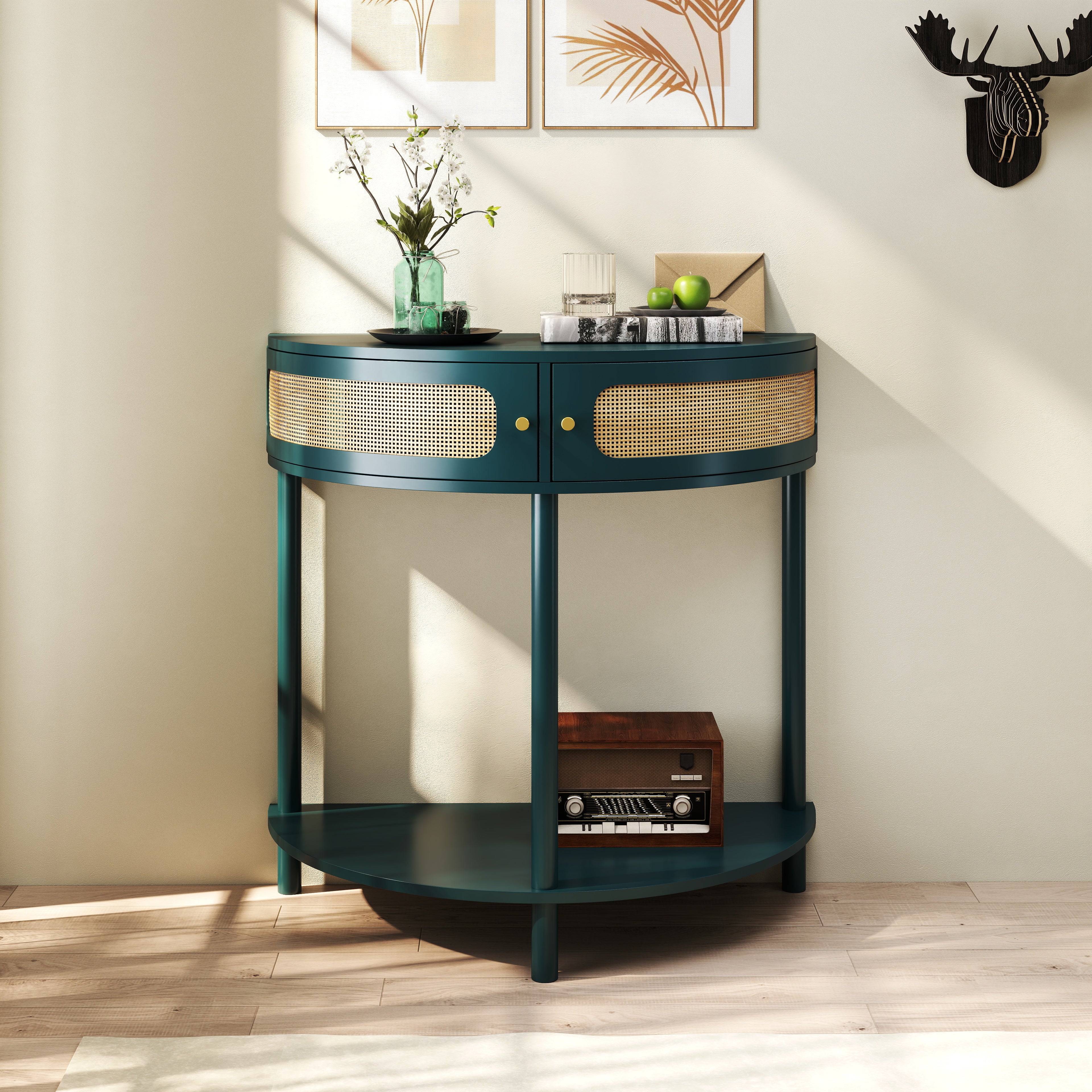 Boho Rattan Semi Circle End Table with Sliding Door