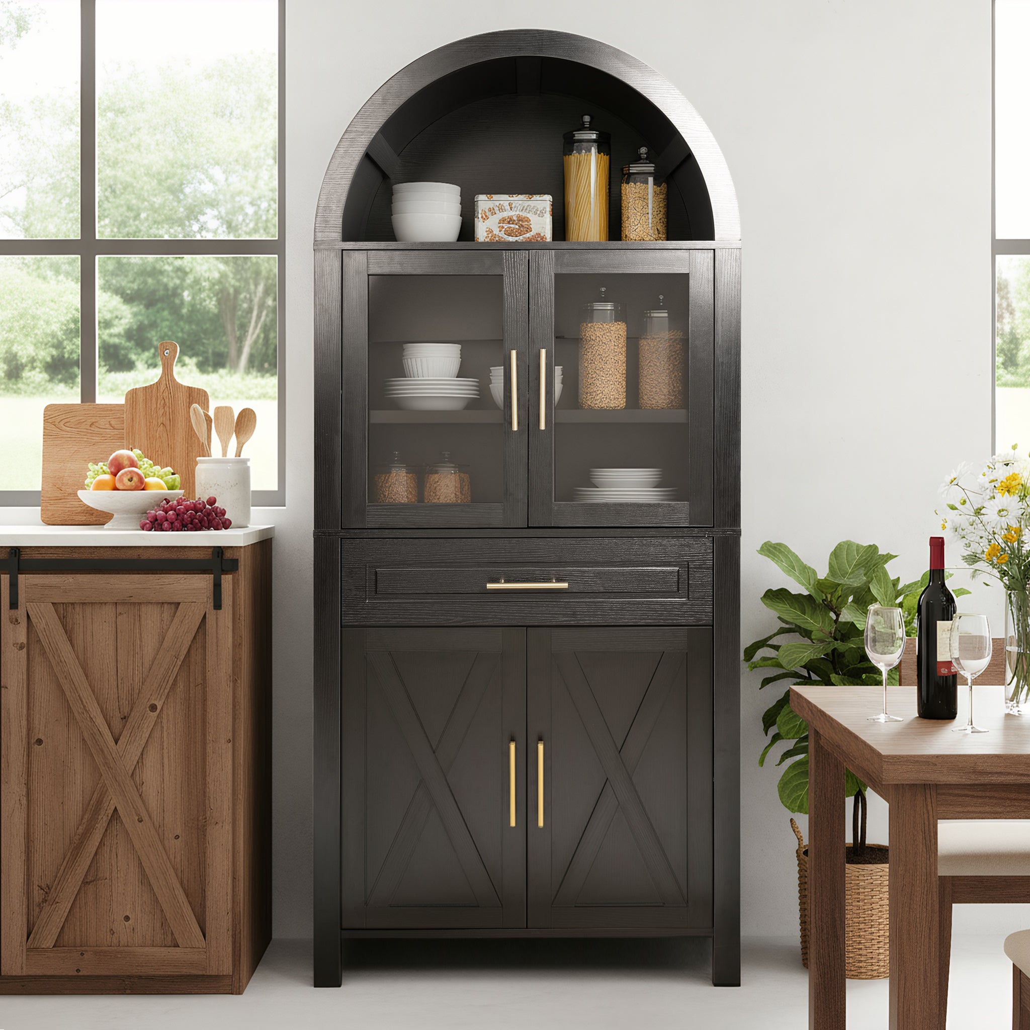 Farmhouse Arched Strage Cabinet with Glass Doors