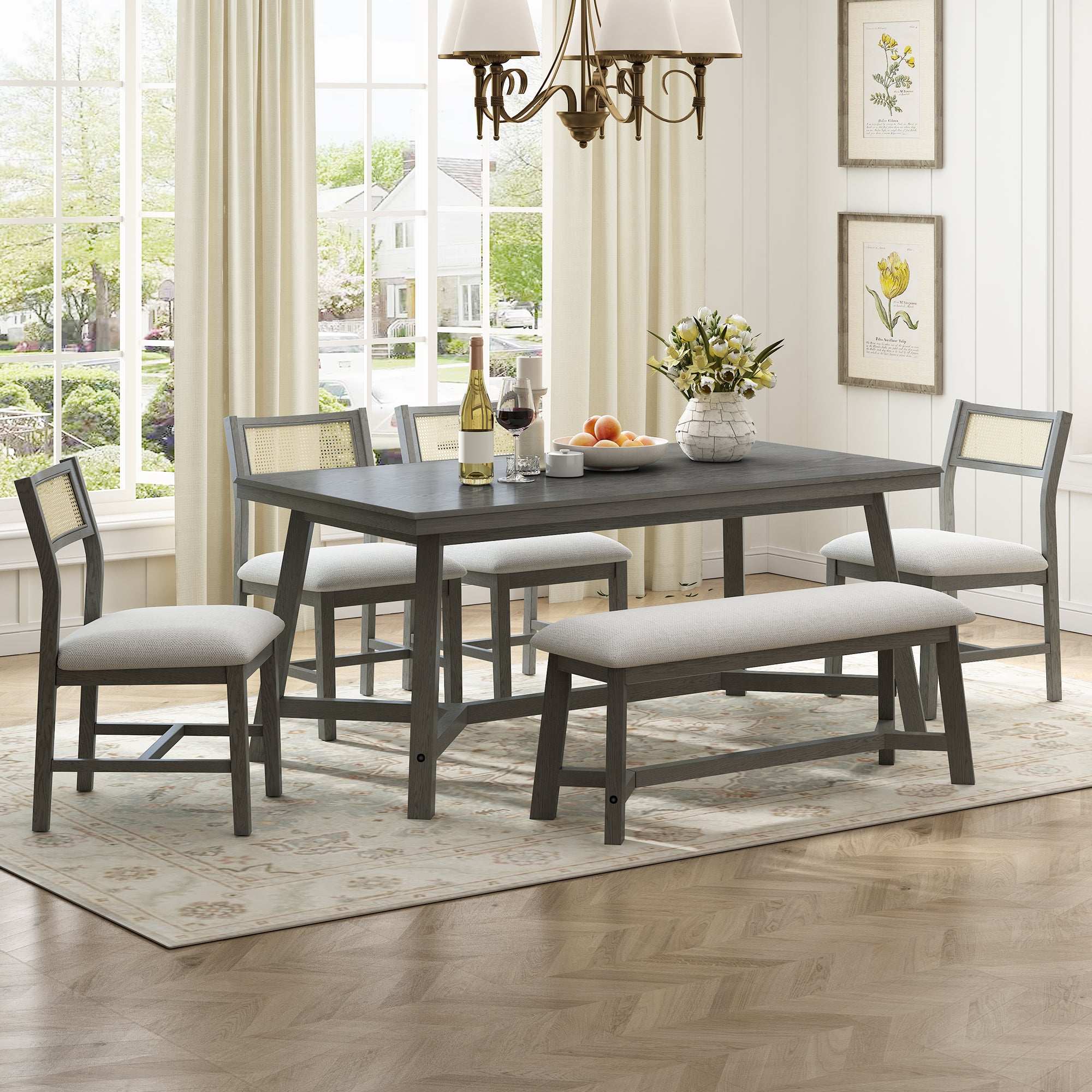 6-Piece Dining Set with Rectangular Table, 4 Upholstered Chairs and Bench