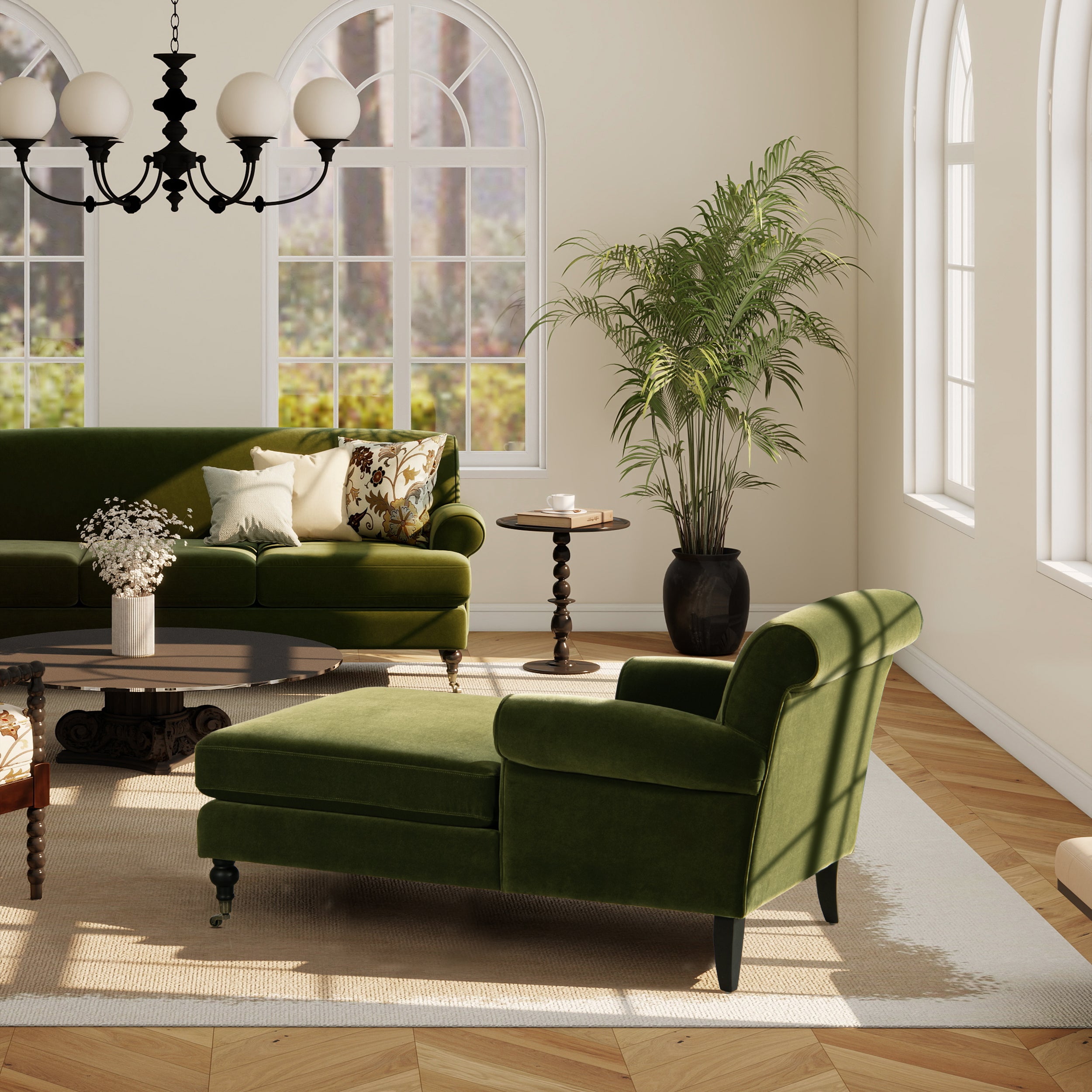 Velvet Chaise Lounge with Metal Caster and Rolled Arms