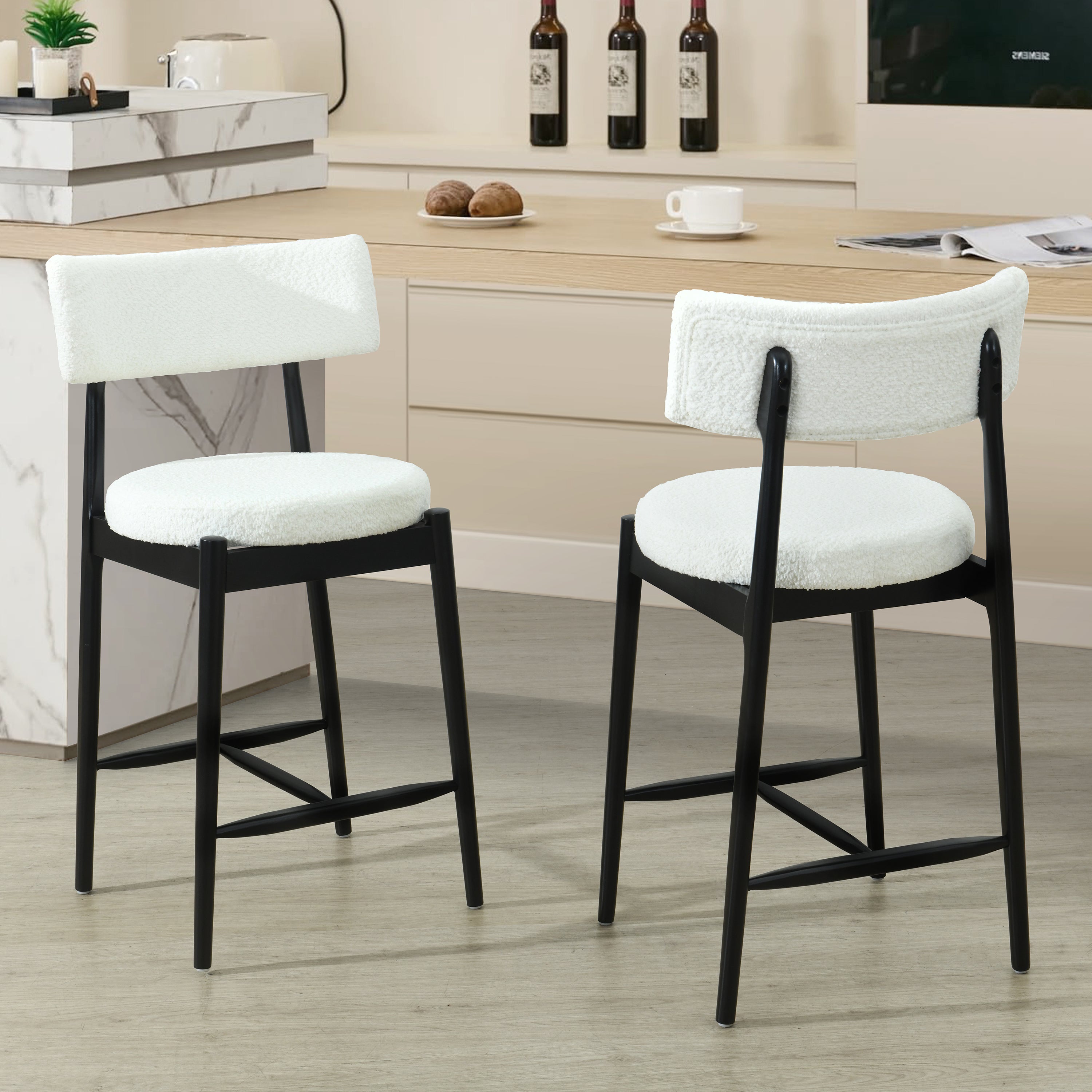 Harveston Mid Century Modern Boucle Upholstered Counter Stools, Set of 2