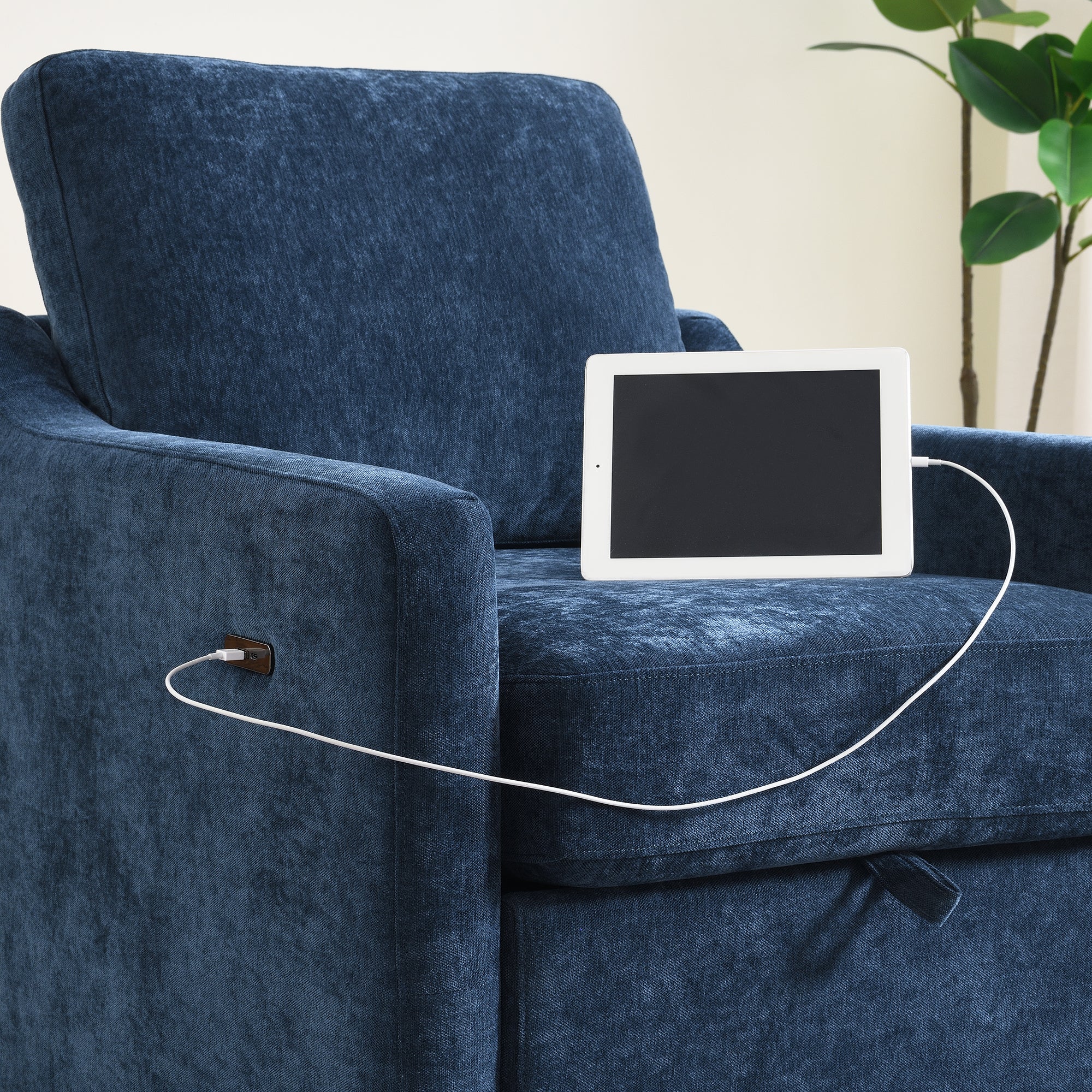 Chenille Swivel Arm Accent Chair With Charging Port and Pocket