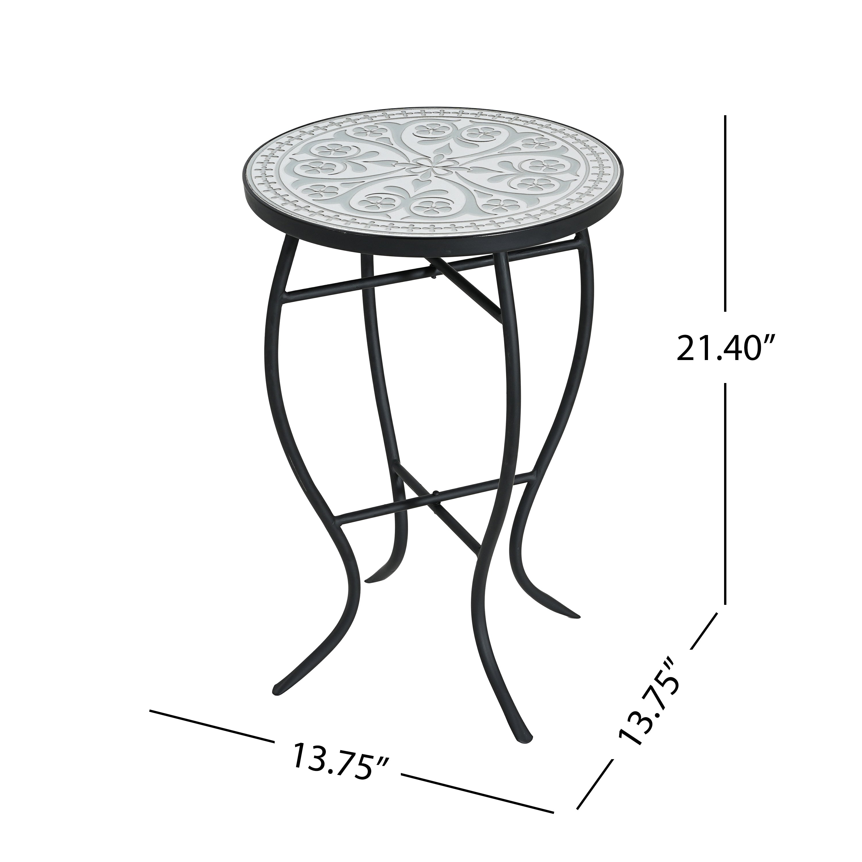 Outdoor Round Side Table with Mosaic-Style Top and Curved Iron Legs, Grey and Matte Black