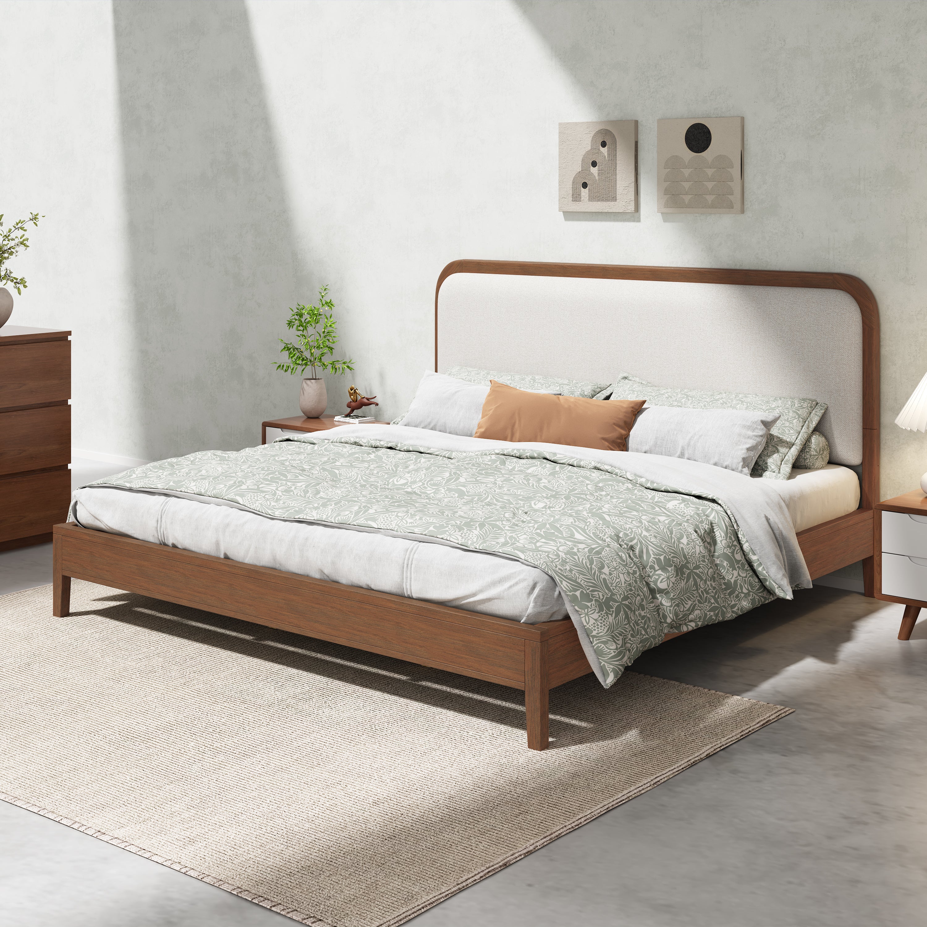 Acacia Wood Bed Frame With Beige Upholstered Headboard