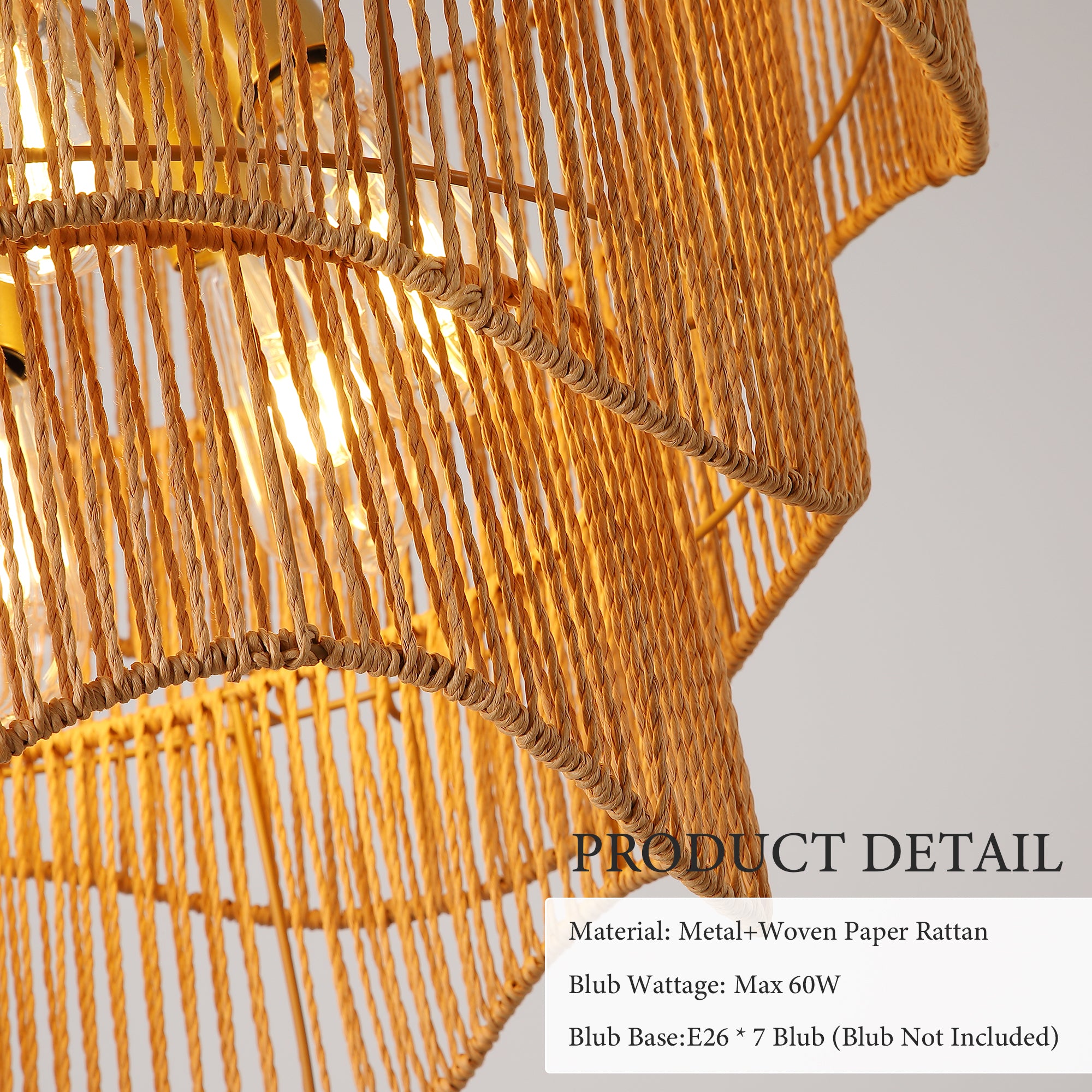 Handwoven Rattan Boho Wave Pendant Chandelier with 7-Lights