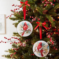 Winter Cardinal and Pine Branch Disc Ornament (Set of 2)