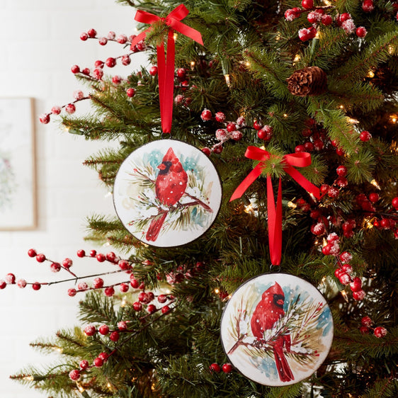Winter Cardinal and Pine Branch Disc Ornament, Set of 2