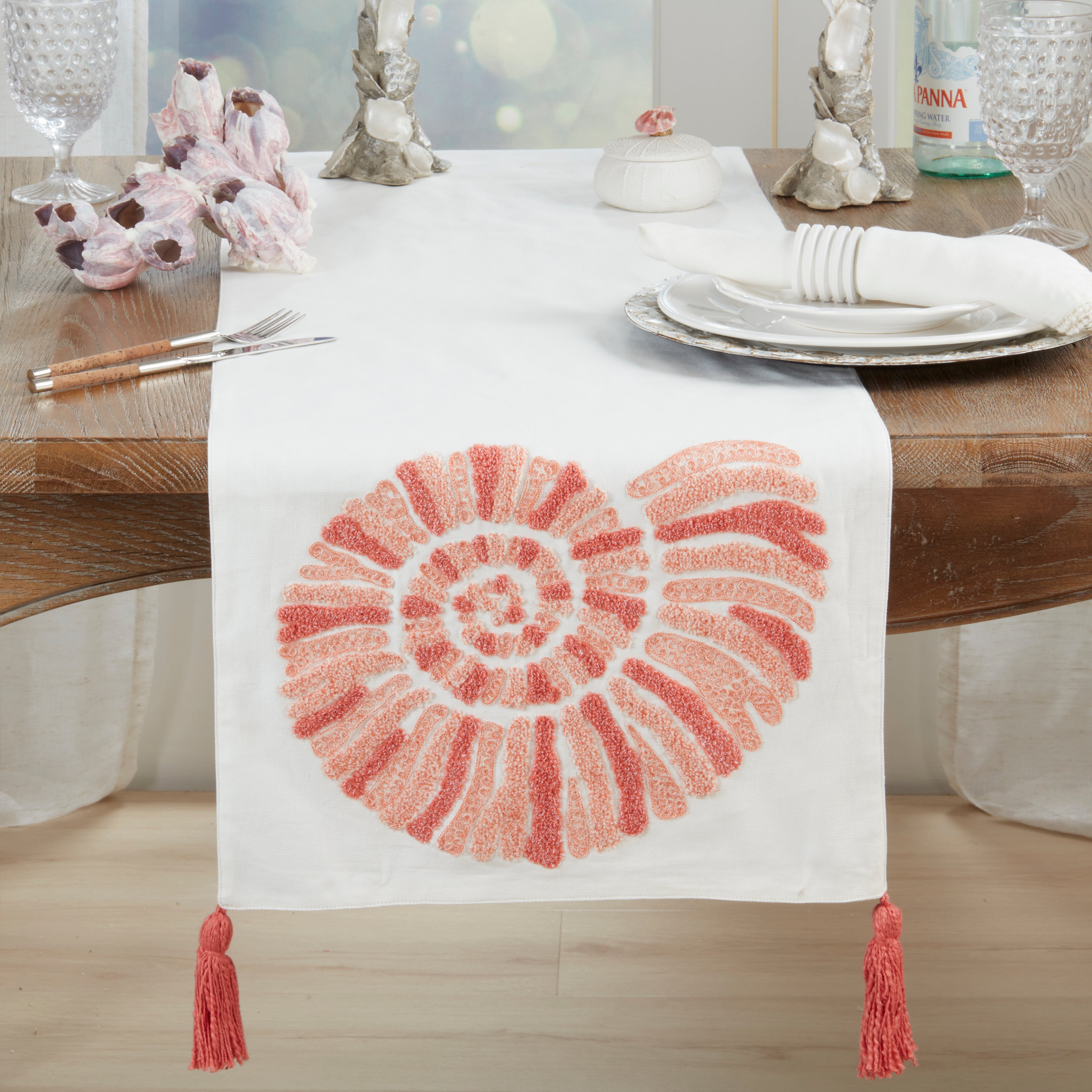 Coastal Embroidered Seashell Table Runner