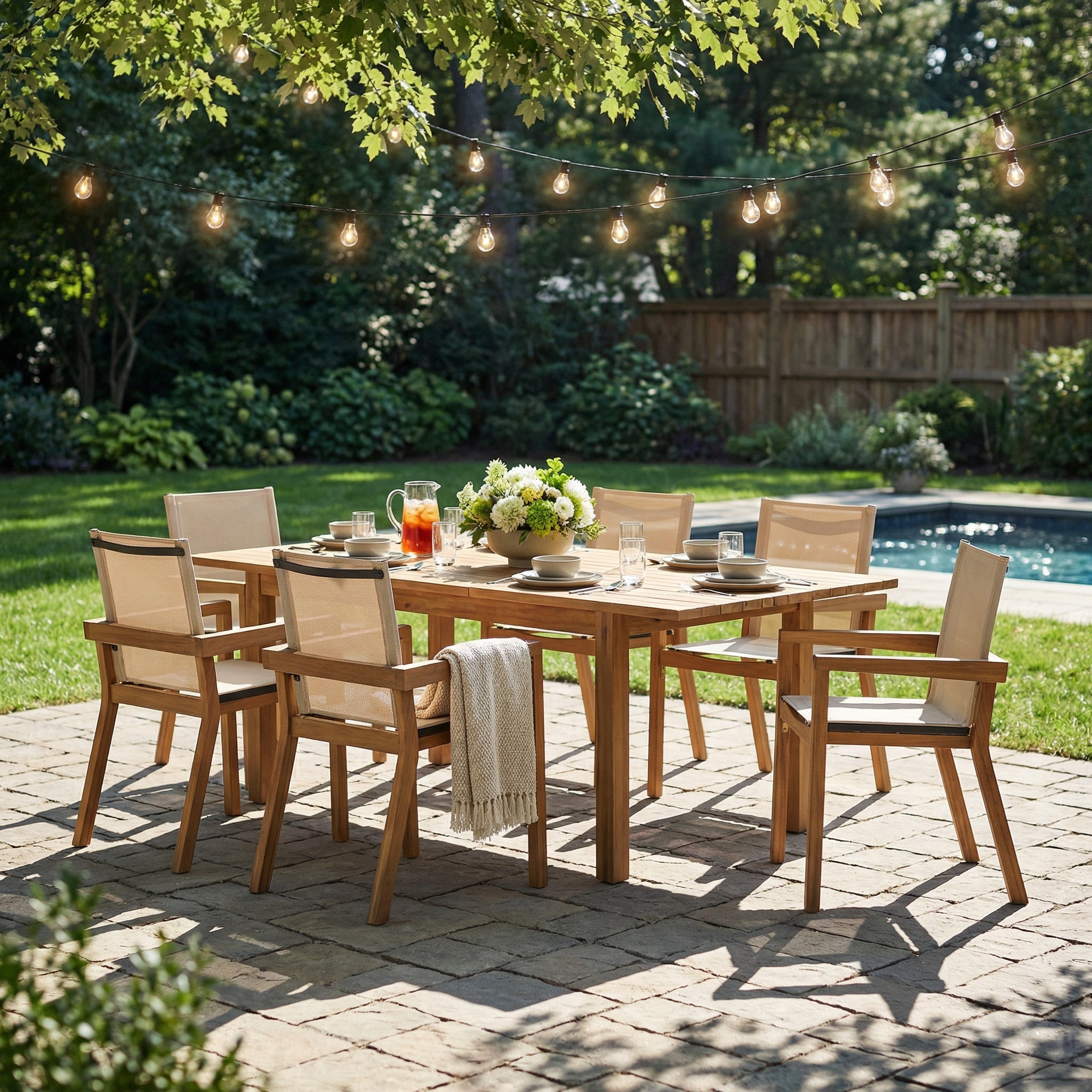 7 Pieces Acacia Wood Outdoor Dining Set s,Modern 6 Chairs 1 Large Table, Dining Furniture Set for Lawn, Backyard, Garden Deck,Poolside,Beige