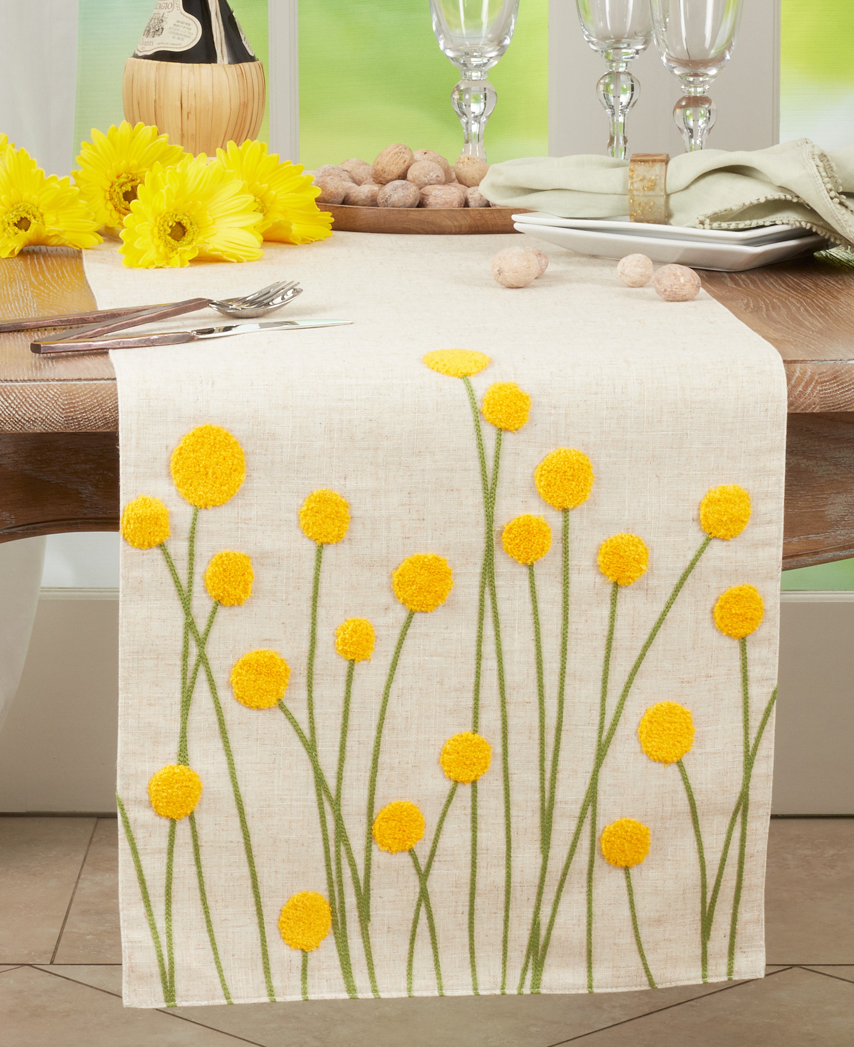Billy Button Embroidered Flowers Table Runner