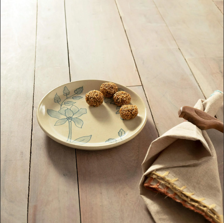 Off-White Round Ceramic Floral Side Plate