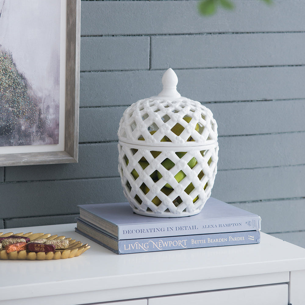 Brackets Ceramic Lidded Jar with Lattice Design and Tiny Flower Pattern