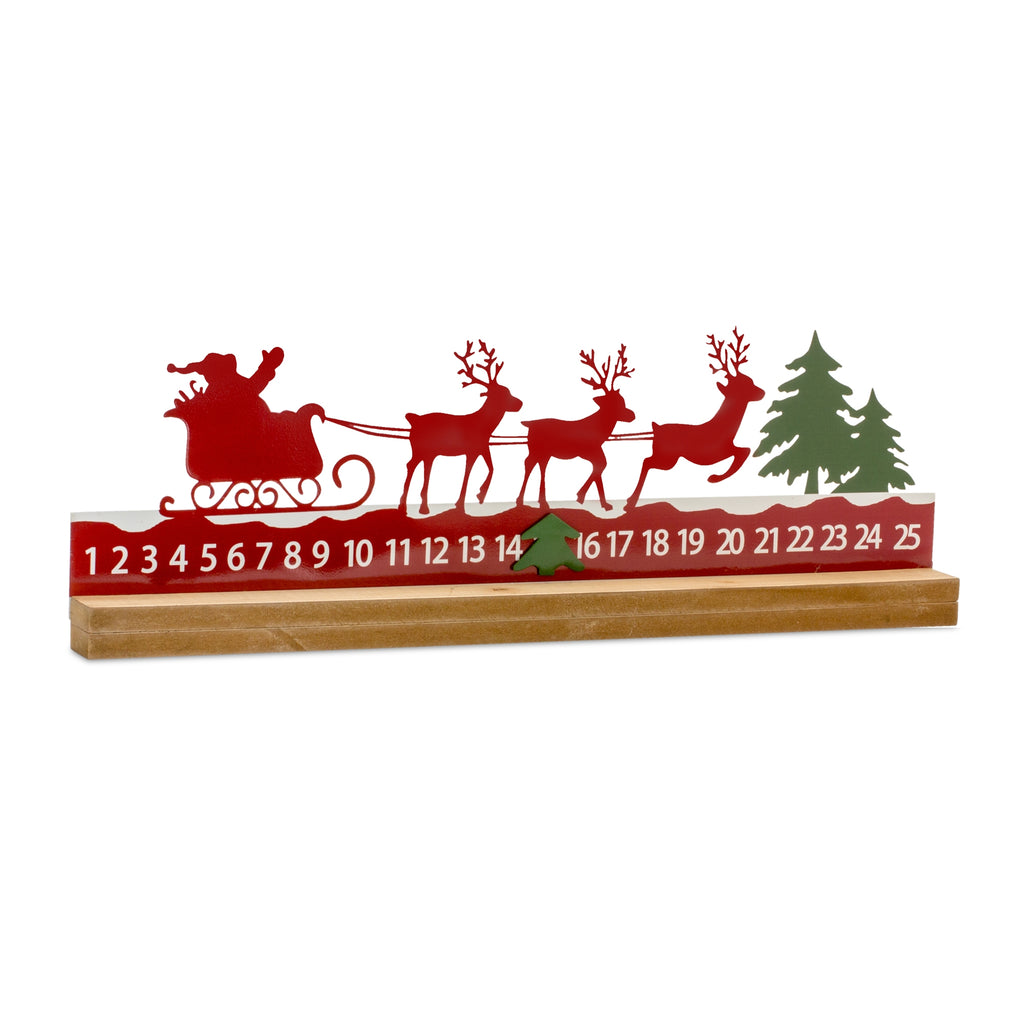 Metal Cut Out Santa and Sleigh Christmas Countdown with Fir Wood Base 23.5"