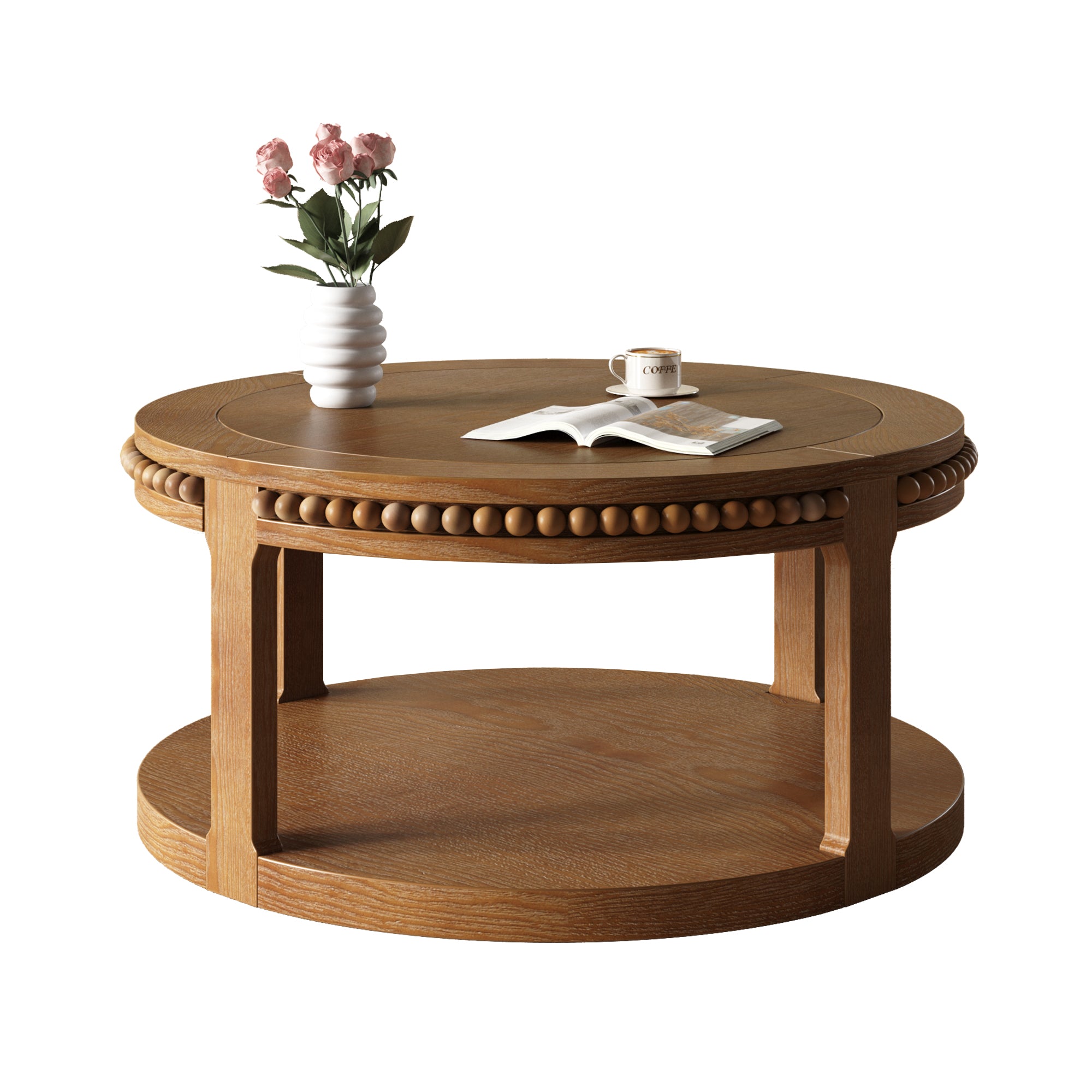 Round Solid Wood Coffee Table with Beaded Accent Edge