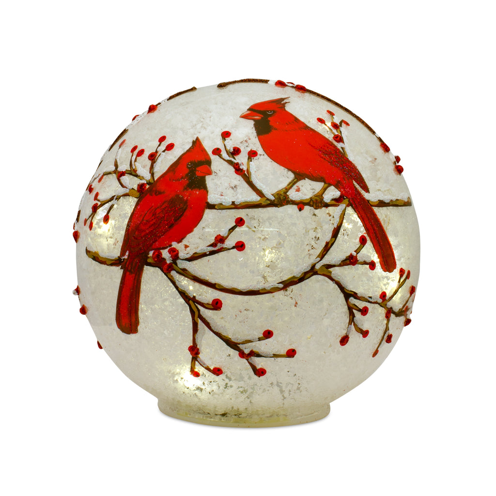 LED Frosted Cardinal Orb with Berry Branch Design (Set of 3)