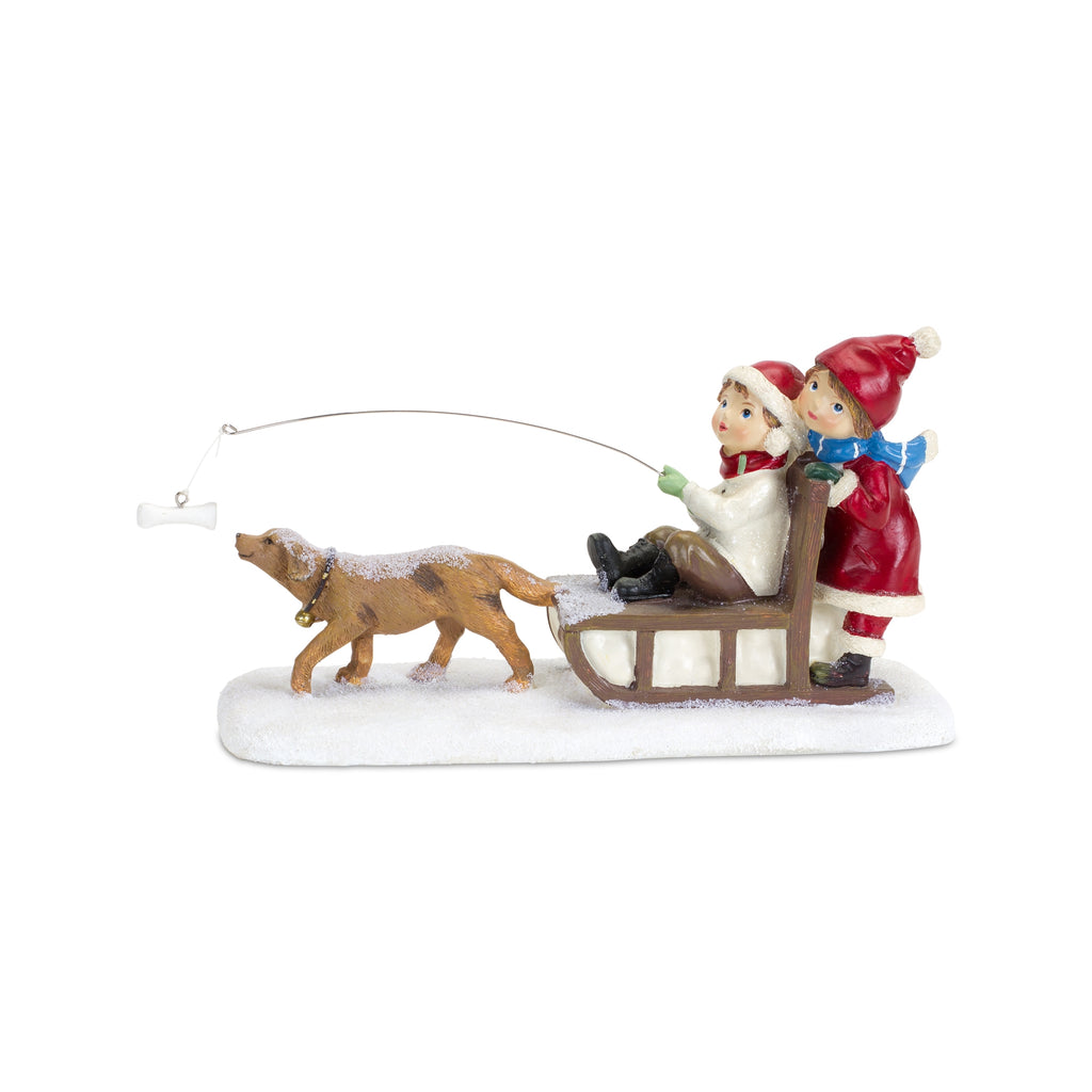 Whimsical Children Playing on Sled with Dog Figurine 9.5"