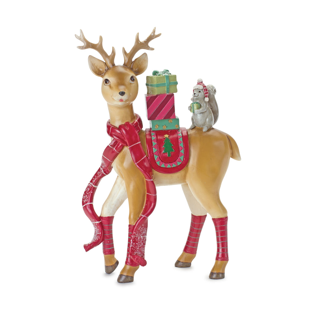 Whimsical Winter Deer and Squirrel Figurine 10"