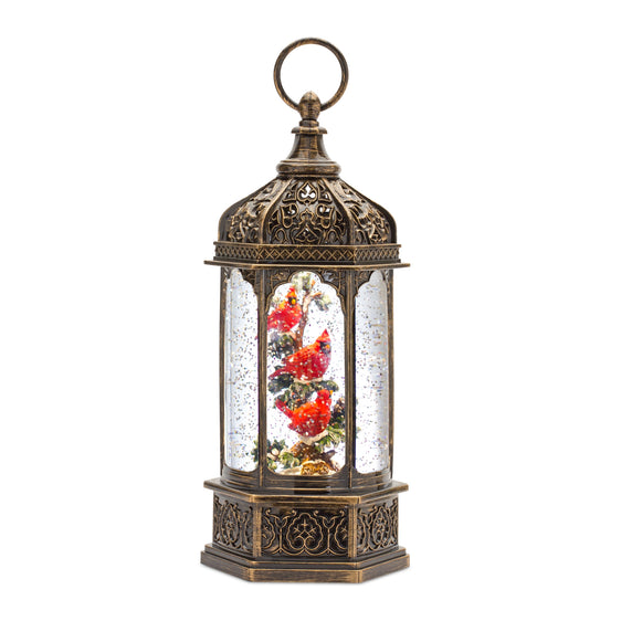 LED Snow Globe Lantern with Cardinal Bird Branch 13"