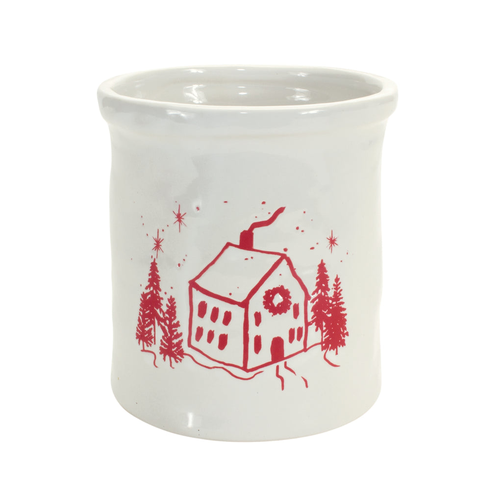 Ceramic Crock with Snowy House Scene (Set of 4)