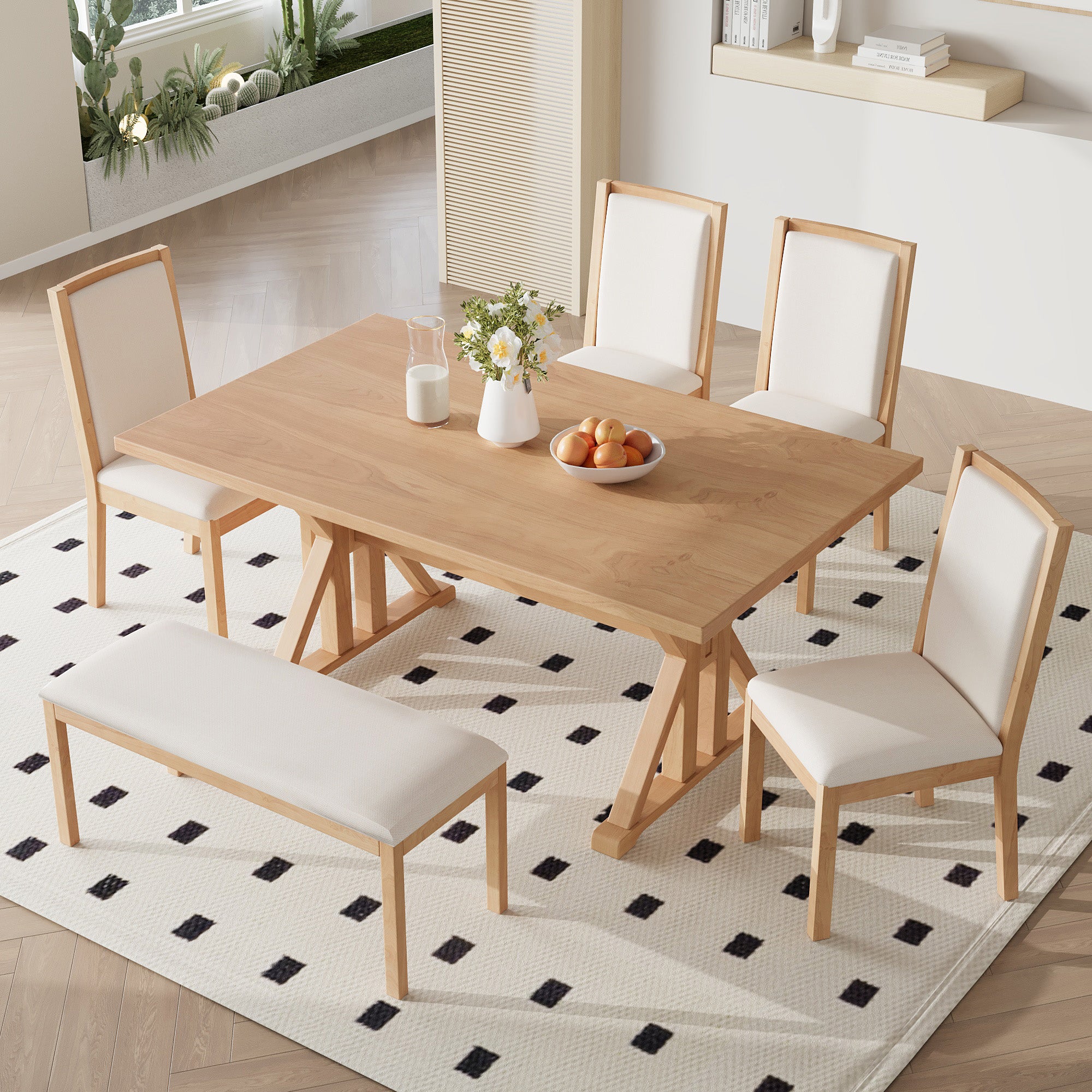 6-Piece Dining Set with Trestle Base, Upholstered Dining Bench and 4 Chairs