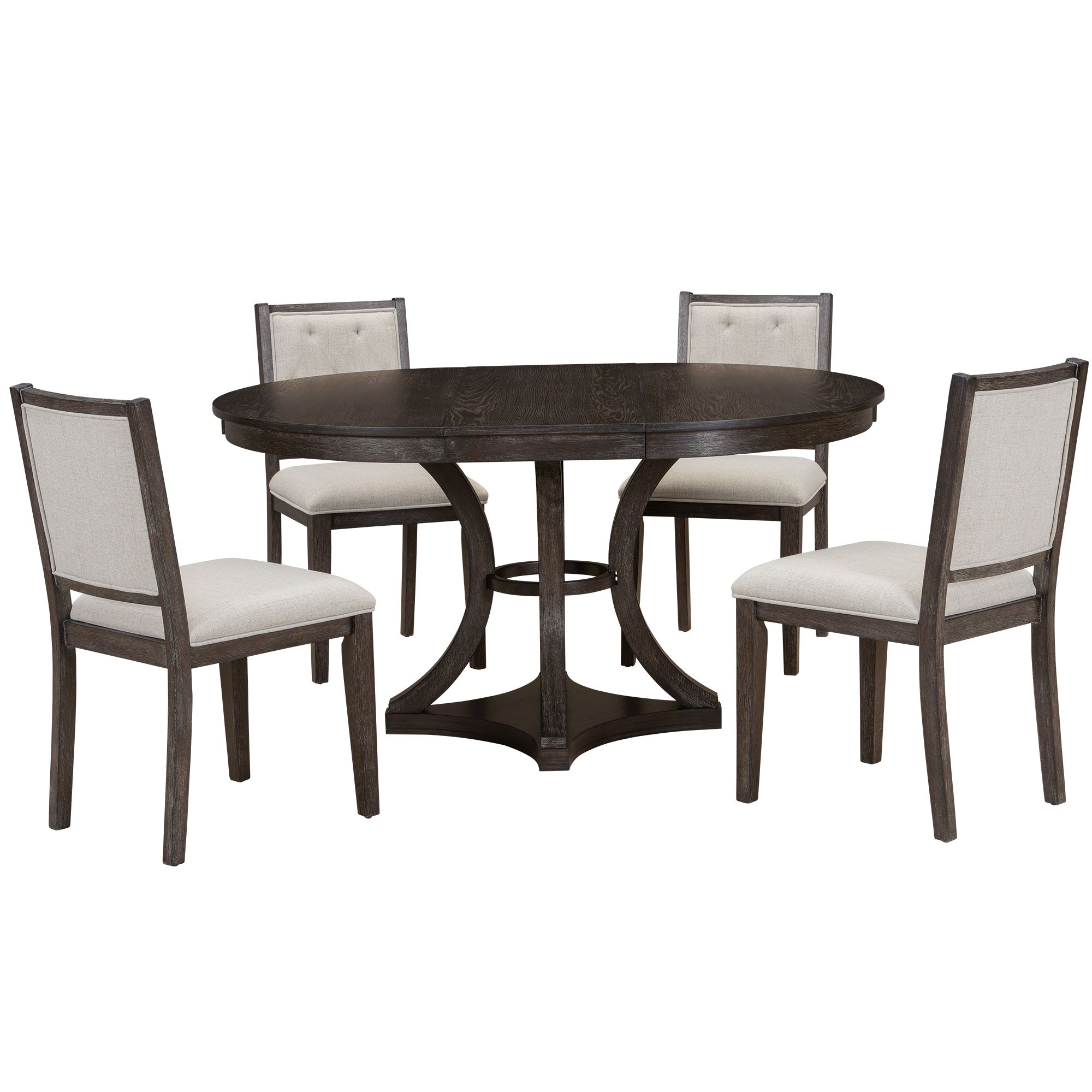 Retro Round Dining Table Set with Extendable Round Table and 4 Upholstered Chairs