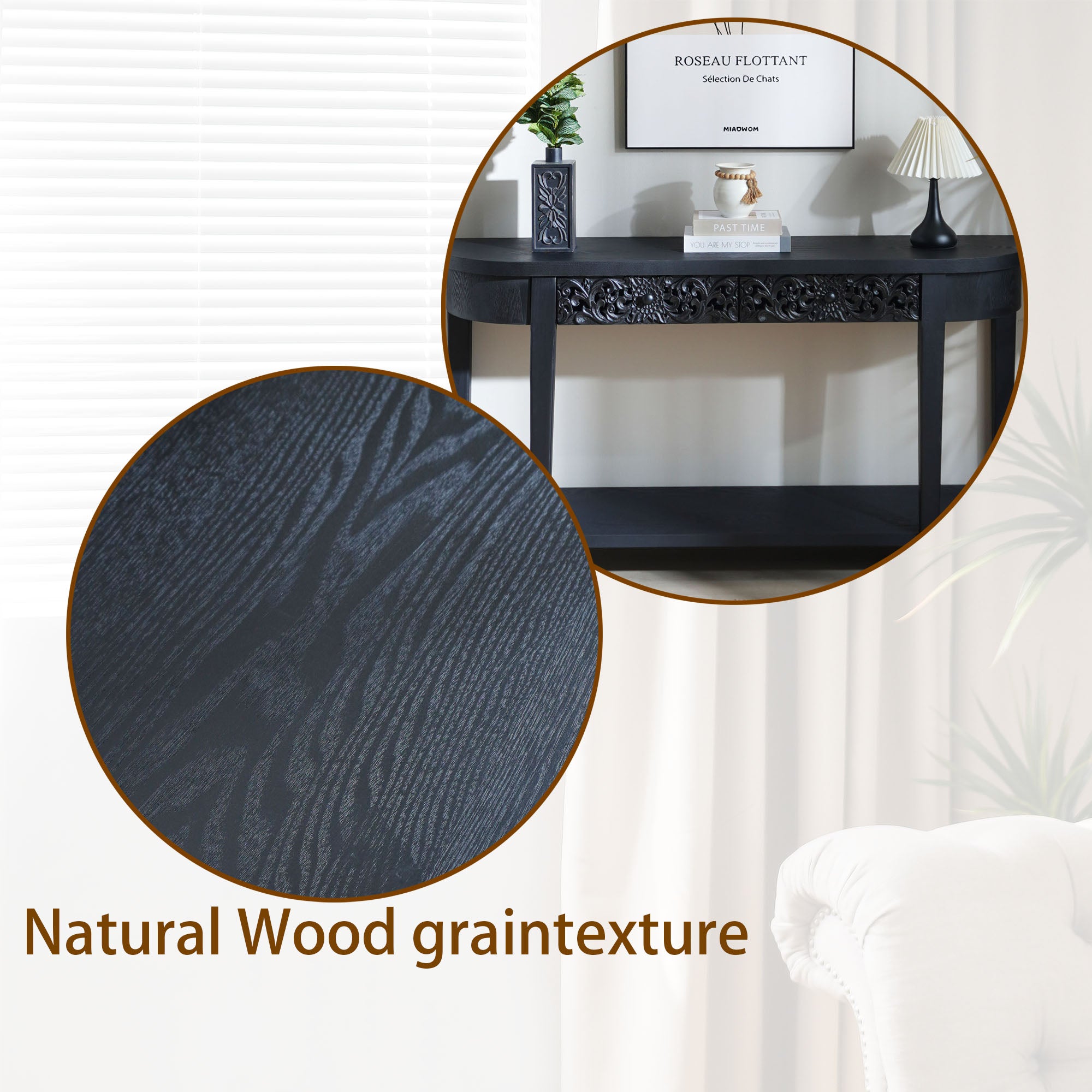 Jawaha Black Carved Wooden Console Table with Lower Storage Shelf