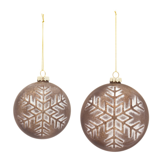 Bronze Glass Ball Ornament with Brushed Snowflake Design, Set of 6