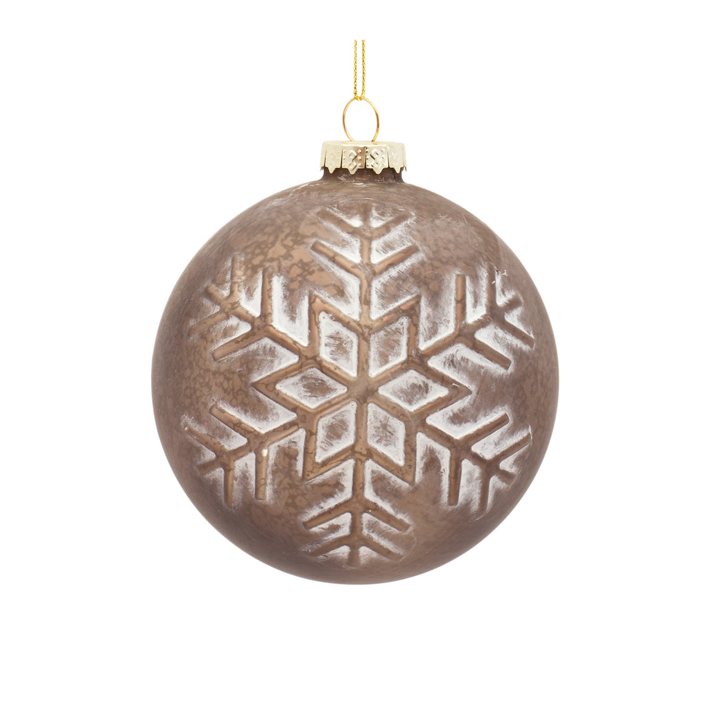 Bronze Glass Ball Ornament with Brushed Snowflake Design (Set of 6)