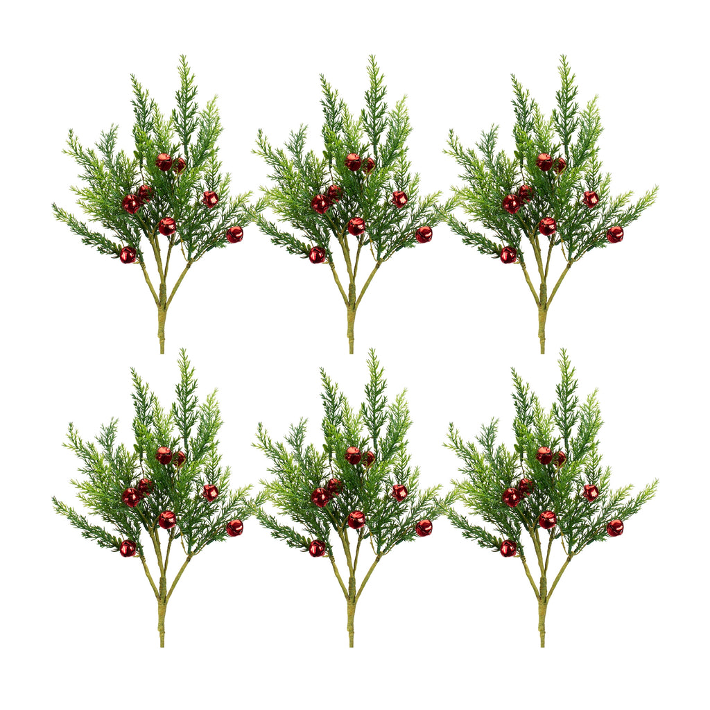 Varigated-Pine-Pick-with-Red-Bells-(Set-of-6)-Decor