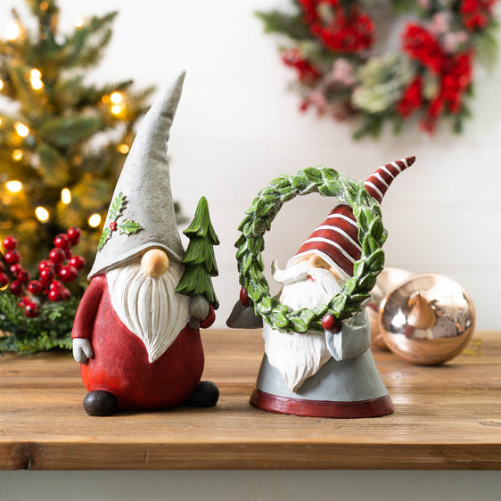 Holiday-Gnome-Figurine-with-Pine-Tree-and-Wreath-Accent-(Set-of-2)-Decor