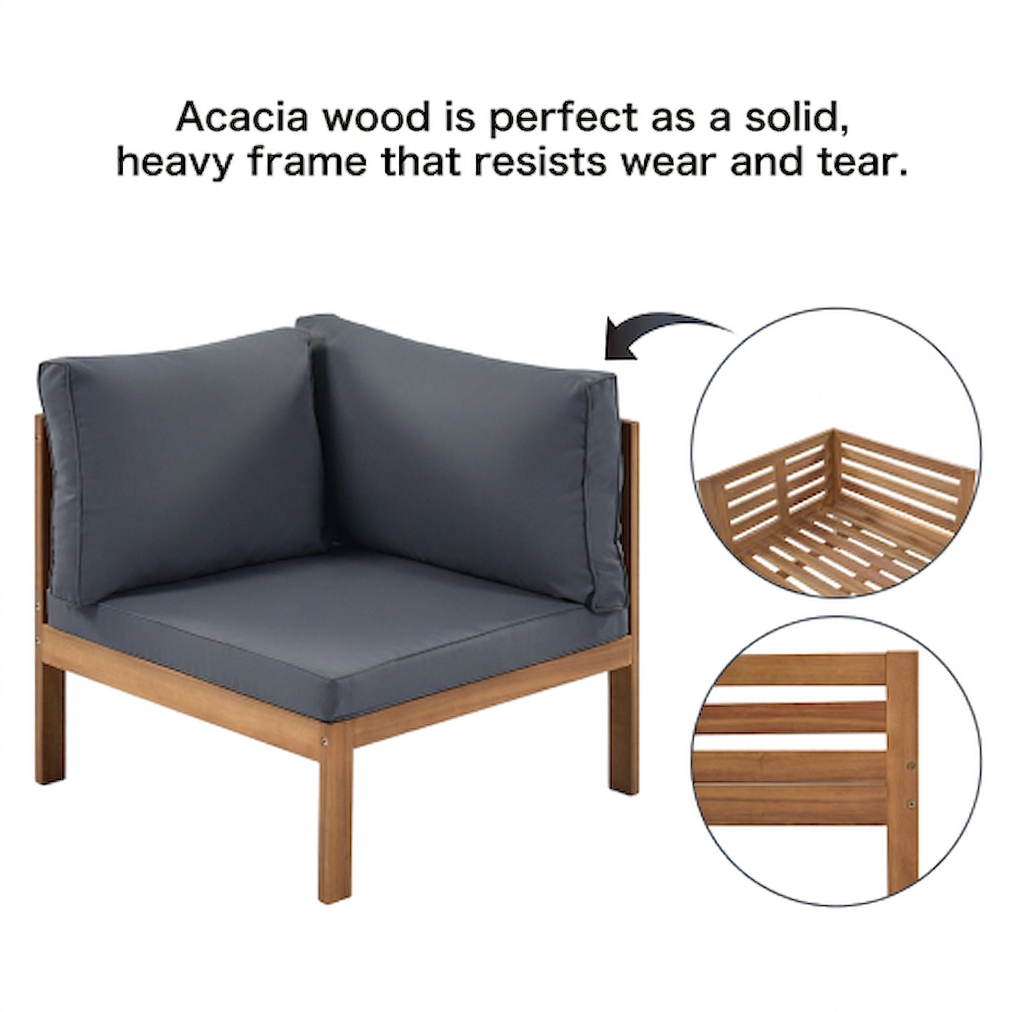 Wood Structure Outdoor Sofa Set with beige Cushions Exotic design Water-resistant and UV Protected texture High quality acacia wood Strong Metal Accessories