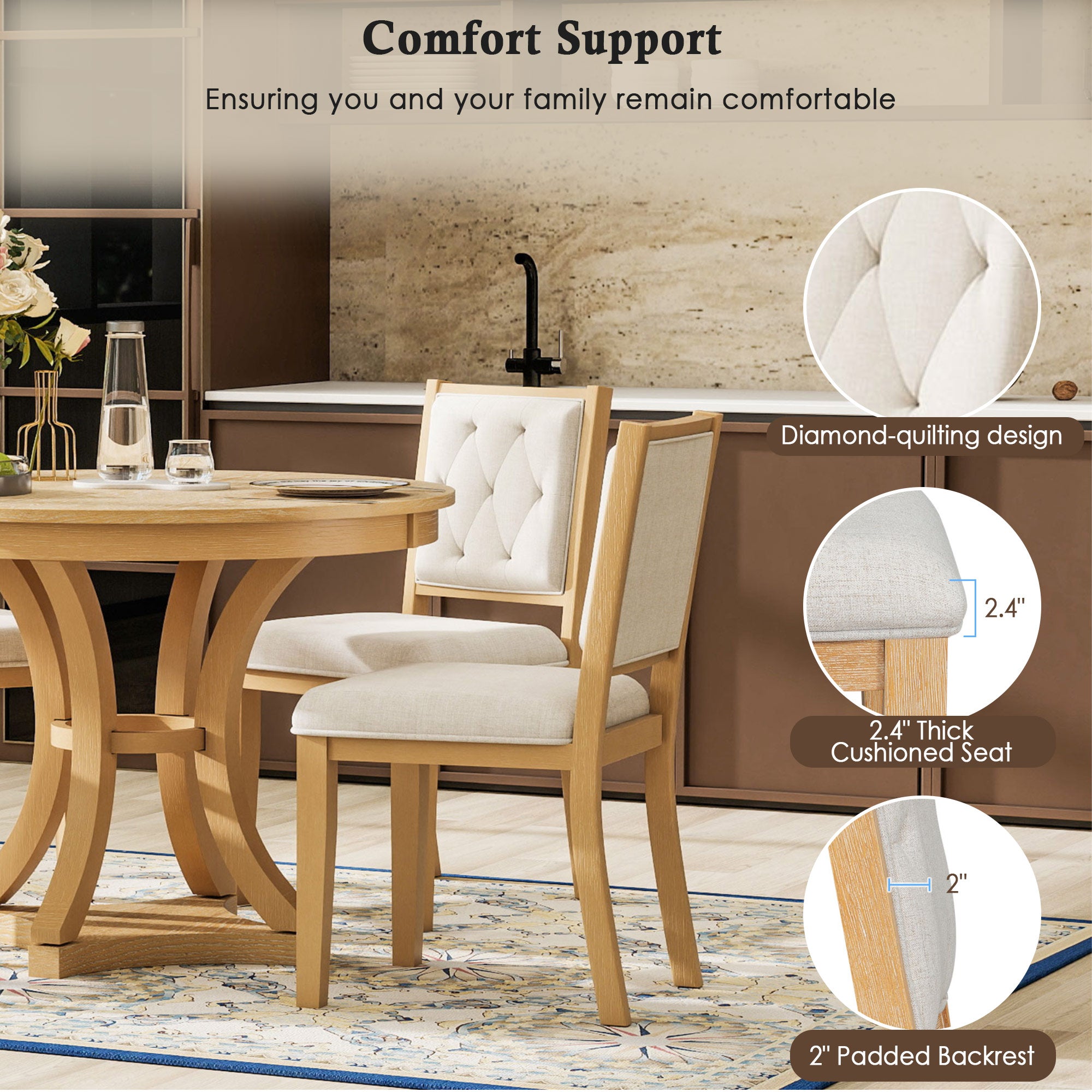 Retro Round Dining Table Set with Extendable Round Table and 4 Upholstered Chairs
