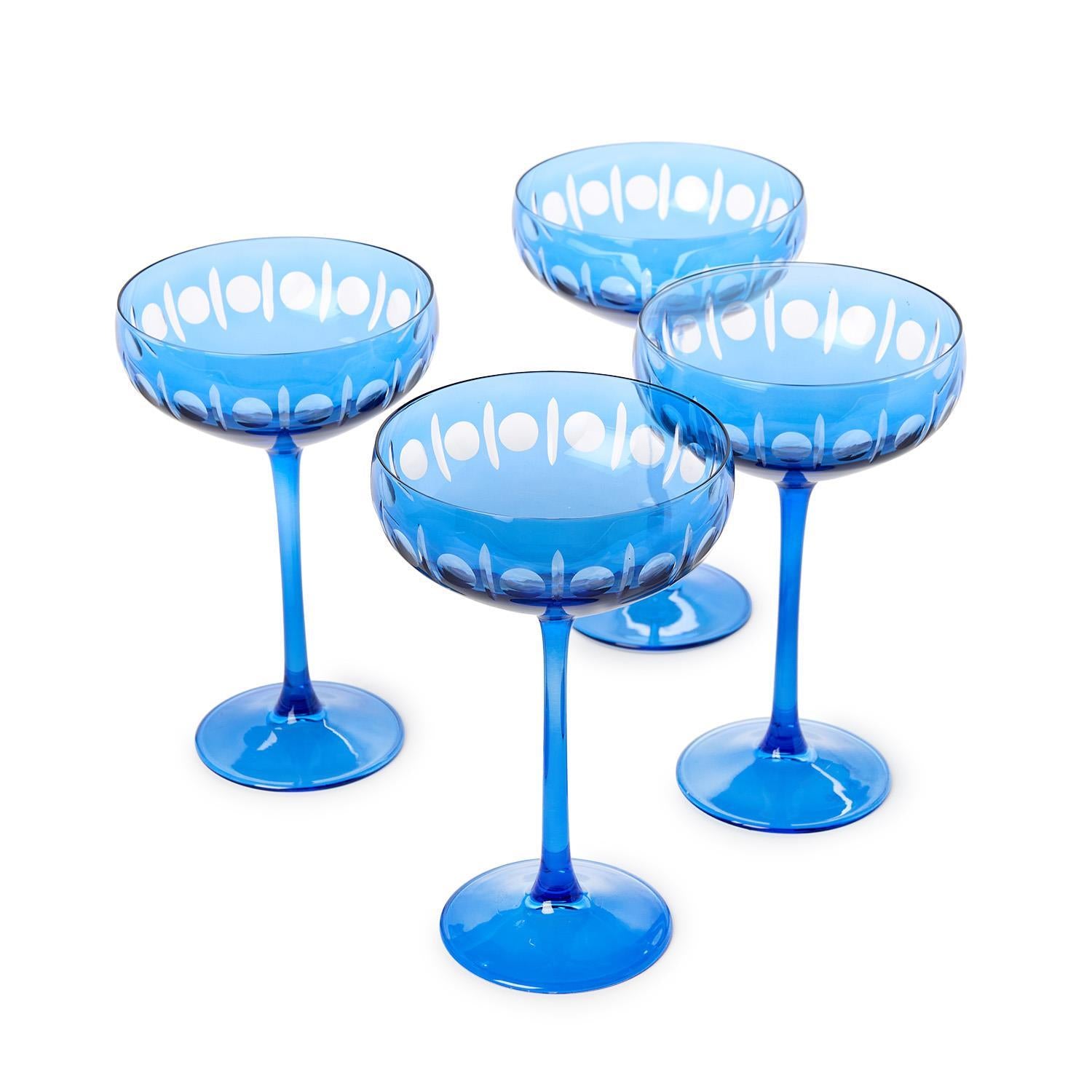 Sparkling Cut Blue Hand Engraved Coupe Wine Glasses, Set of 4