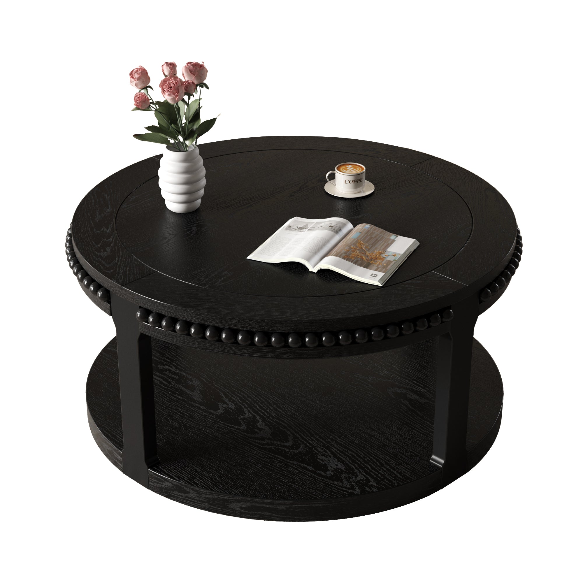 Round Solid Wood Coffee Table with Beaded Accent Edge