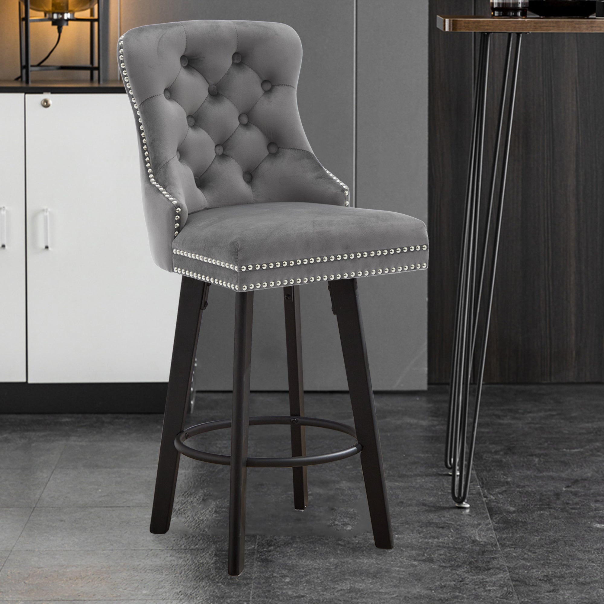 Modern Velvet Button Tufted Swivel Bar Stool with Metal Pull Ring