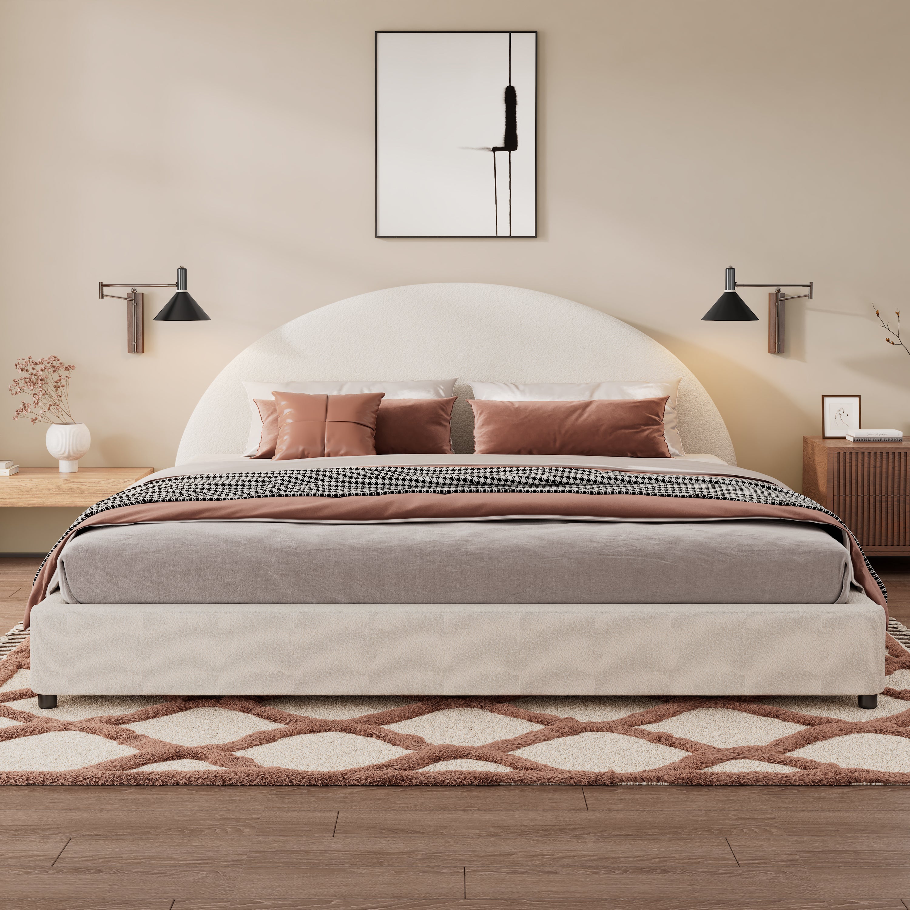 Bed Frame With Boucle Upholstered Round Curved Headboard
