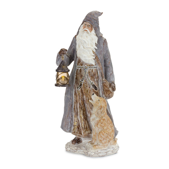 Rustic Hooded Santa with Lantern and Dog Figurine 14.25"