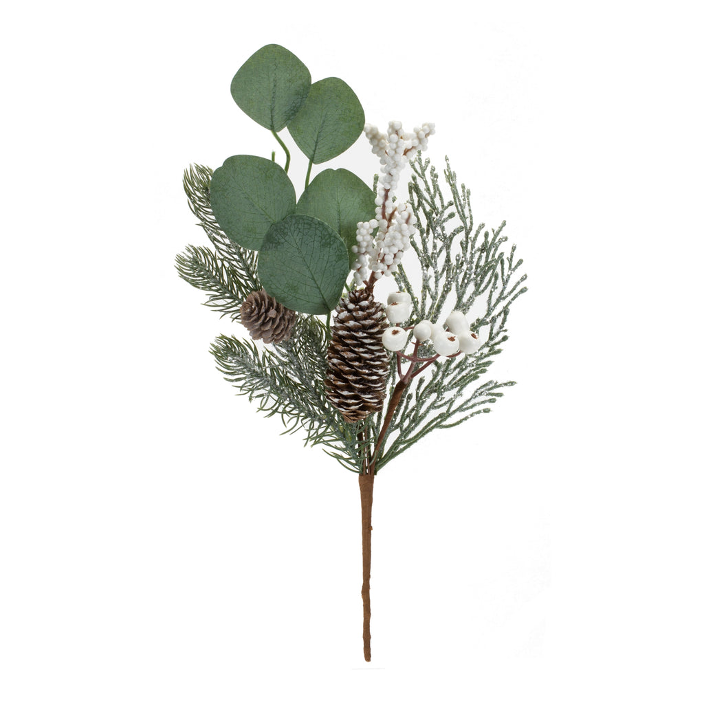 Winter Pine and Eucalyptus Leaf Pick with Pinecone and Berry Accent (Set of 6)