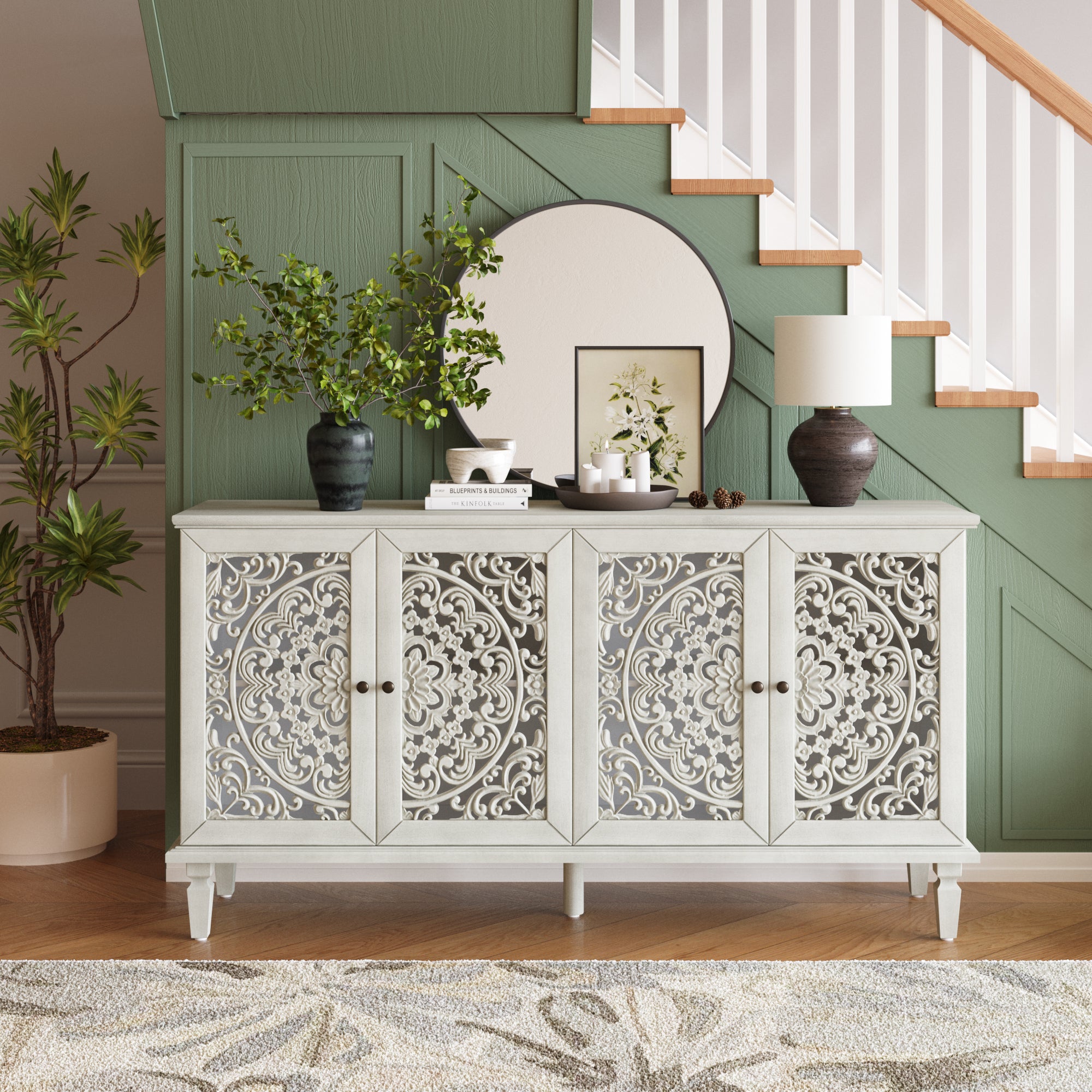 Floral Carvings Buffet Storage Cabinet