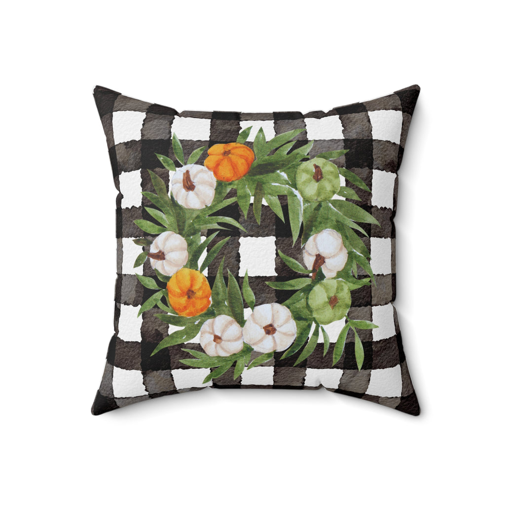 Black and White Gingham Tri-Color Pumpkin Wreath Throw Pillow