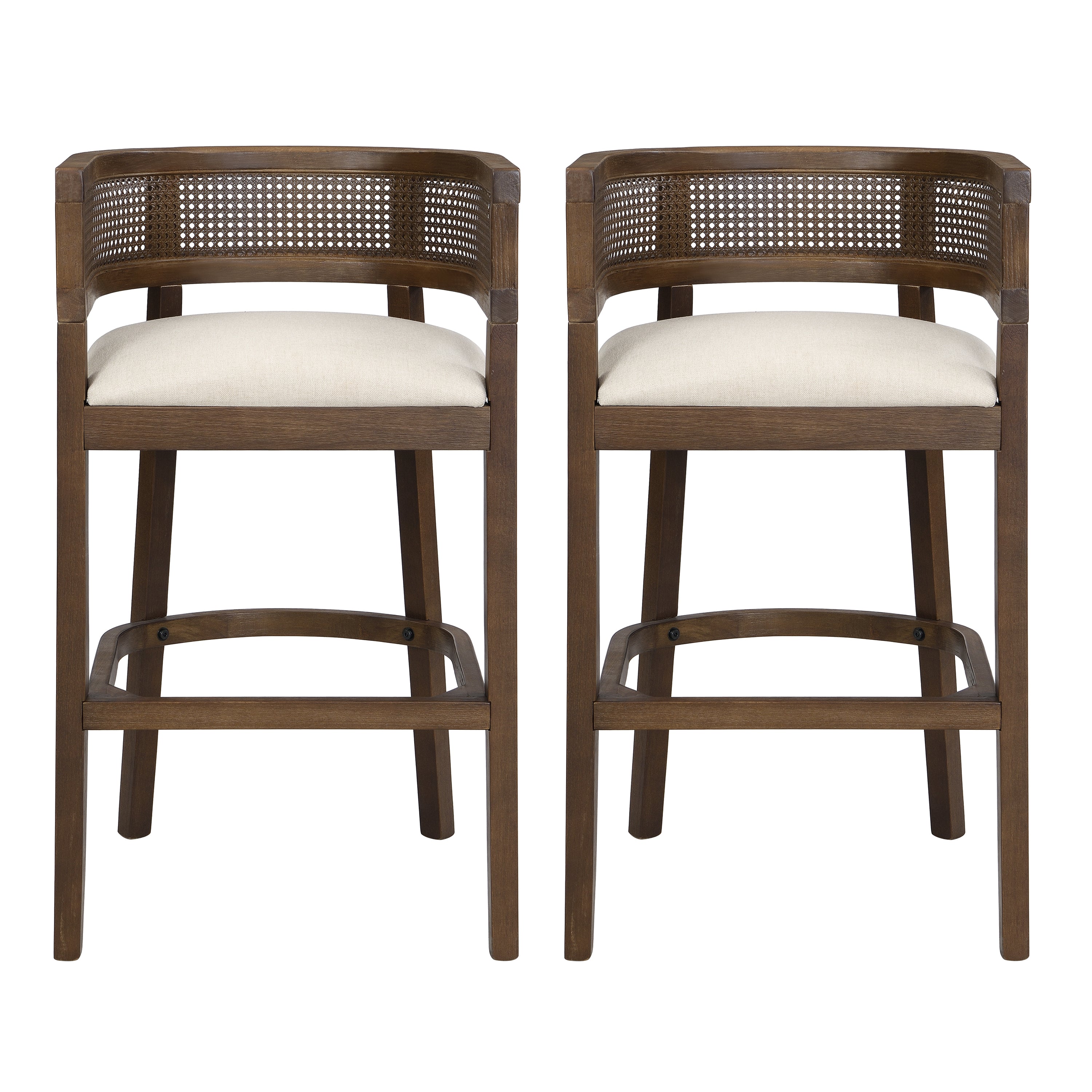 Wood And Rattan Upholstered Arm Bar Stools, Set of 2