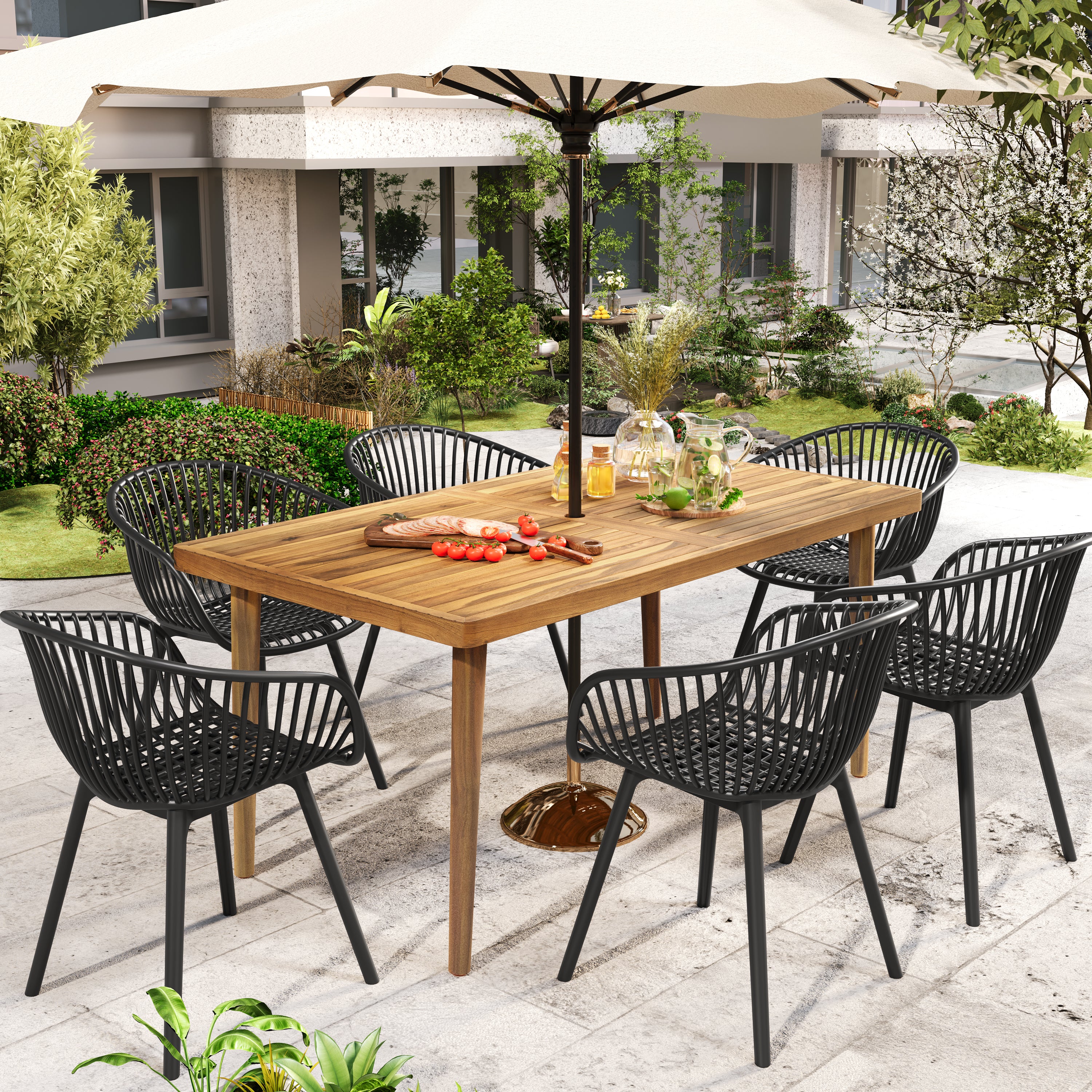 Annabergite 7-Piece Outdoor Dining Set with Wood Table and 6 Plastic Dining Chairs