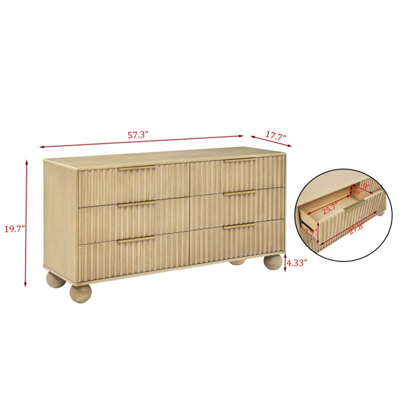 Fluted Modern Light Oak Wood 5pc Bedroom Furniture Set, Platform Bed, Dresser Mirror and 2x Nightstand