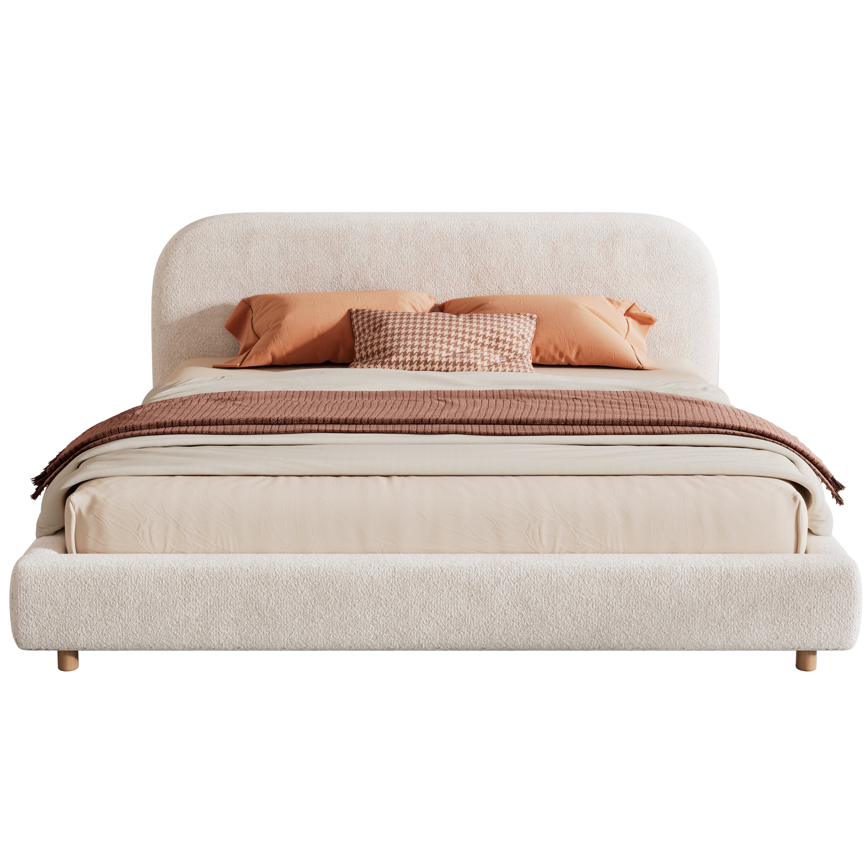 Boucle Fabric Upholstered Platform Bed with Curve-Shaped Design Headboard