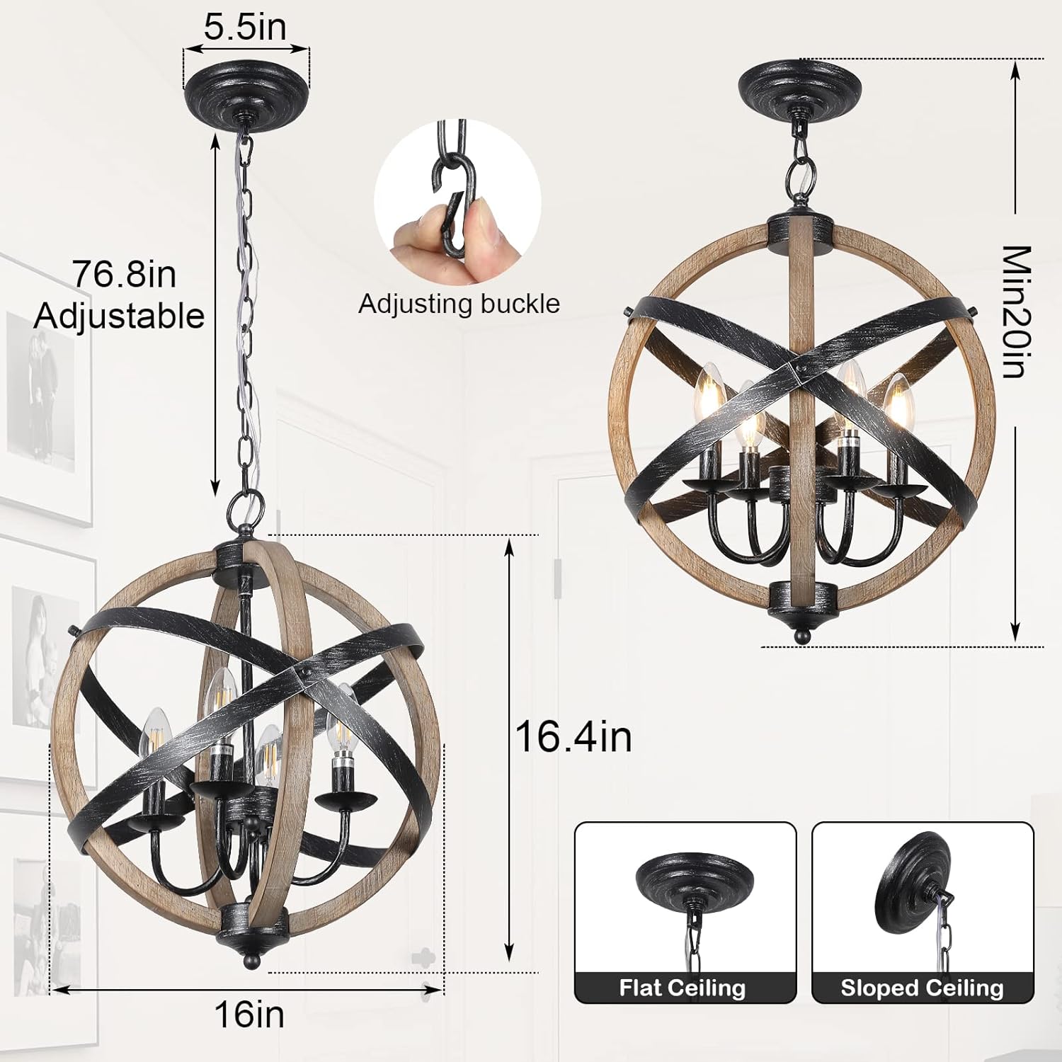 4-Light Chandelier with Adjustable Height and Globe Cage Design
