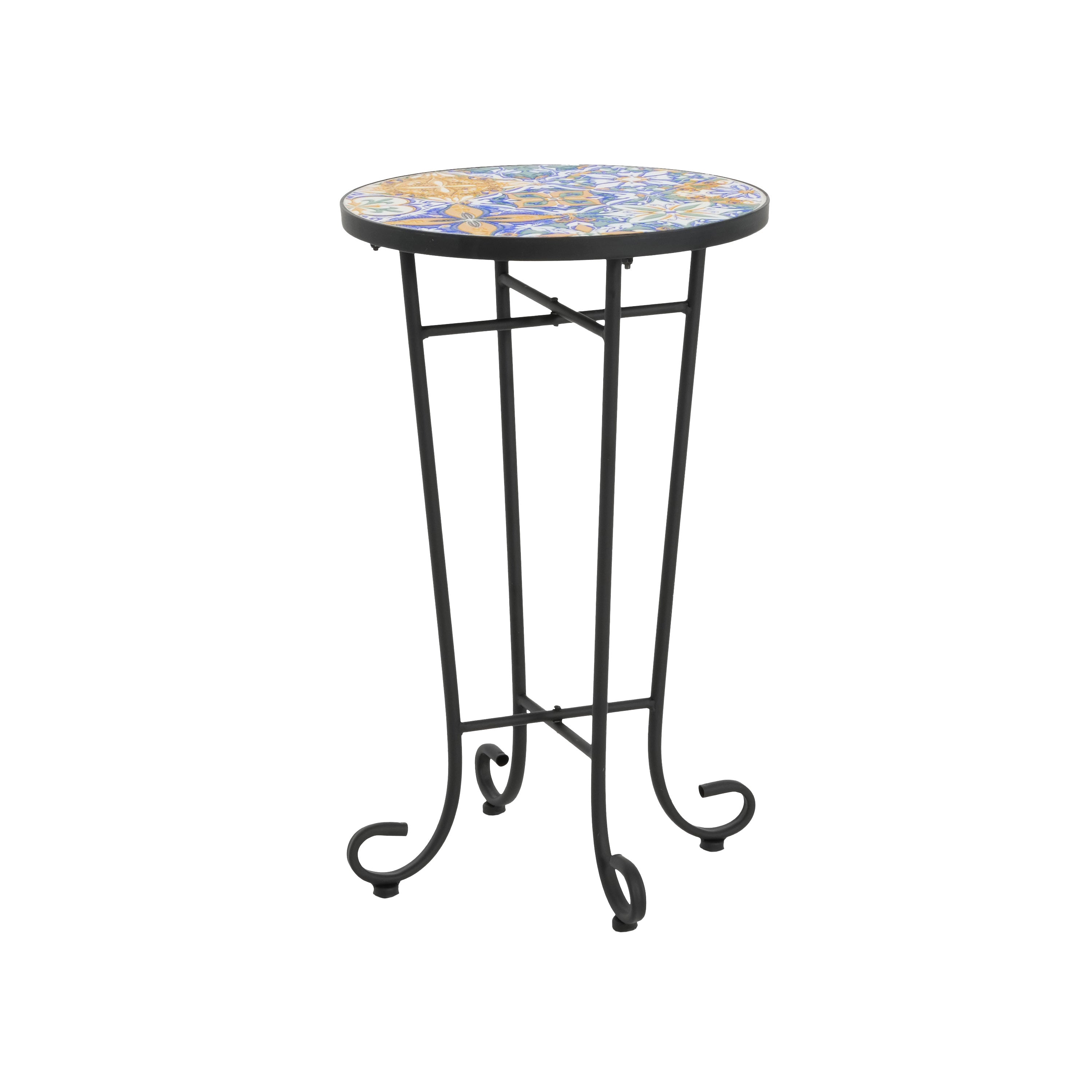 Warmthly Outdoor Round Side Table with Vibrant Tile Top and Elegant Scrolling Legs